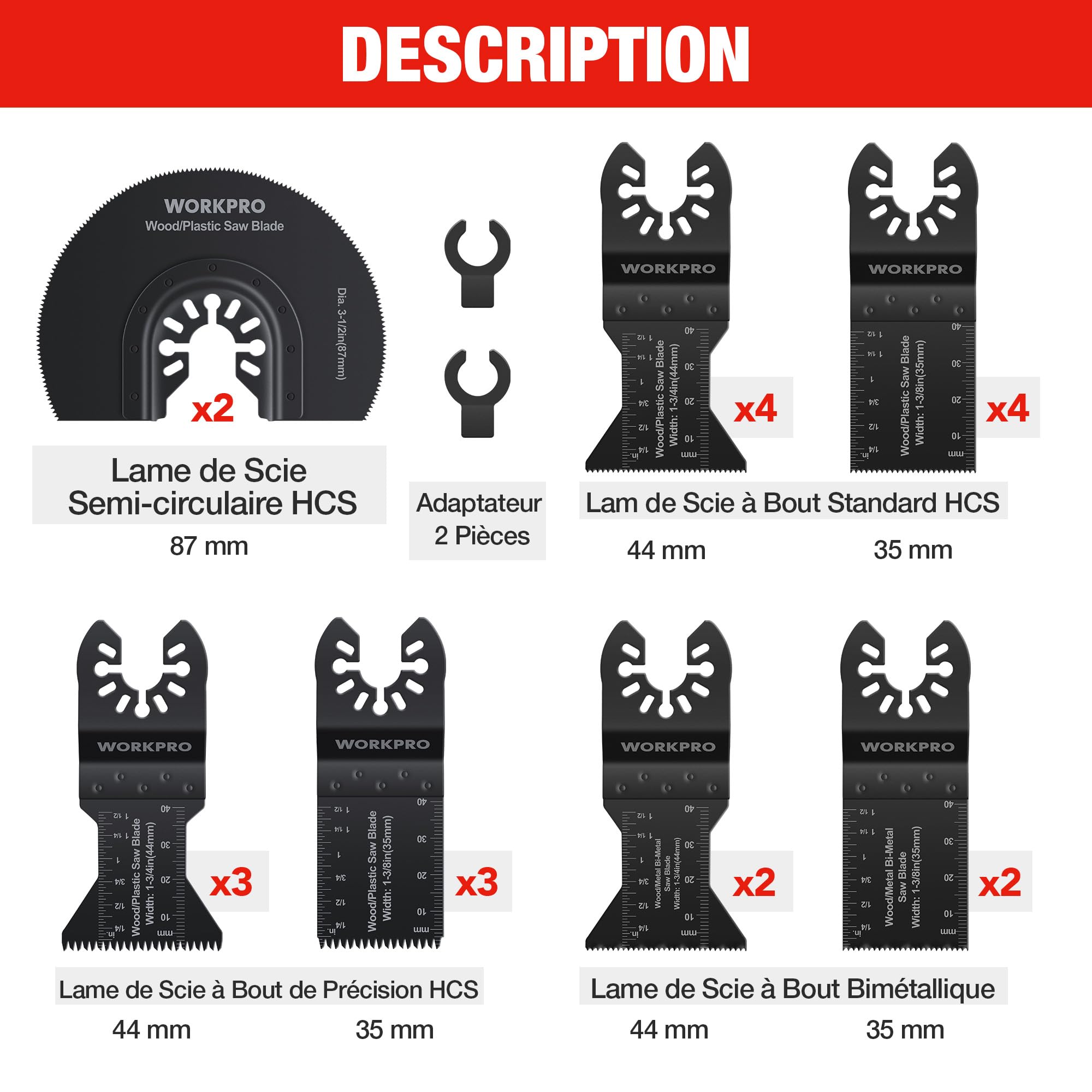 WORKPRO 22Pcs Lames de Scie Oscillantes, Coffret des Accessoires d'Outil Multifonction Oscillant, Lame de Scie Universelle pour Bois, Clous, Métal,Plastique, etc