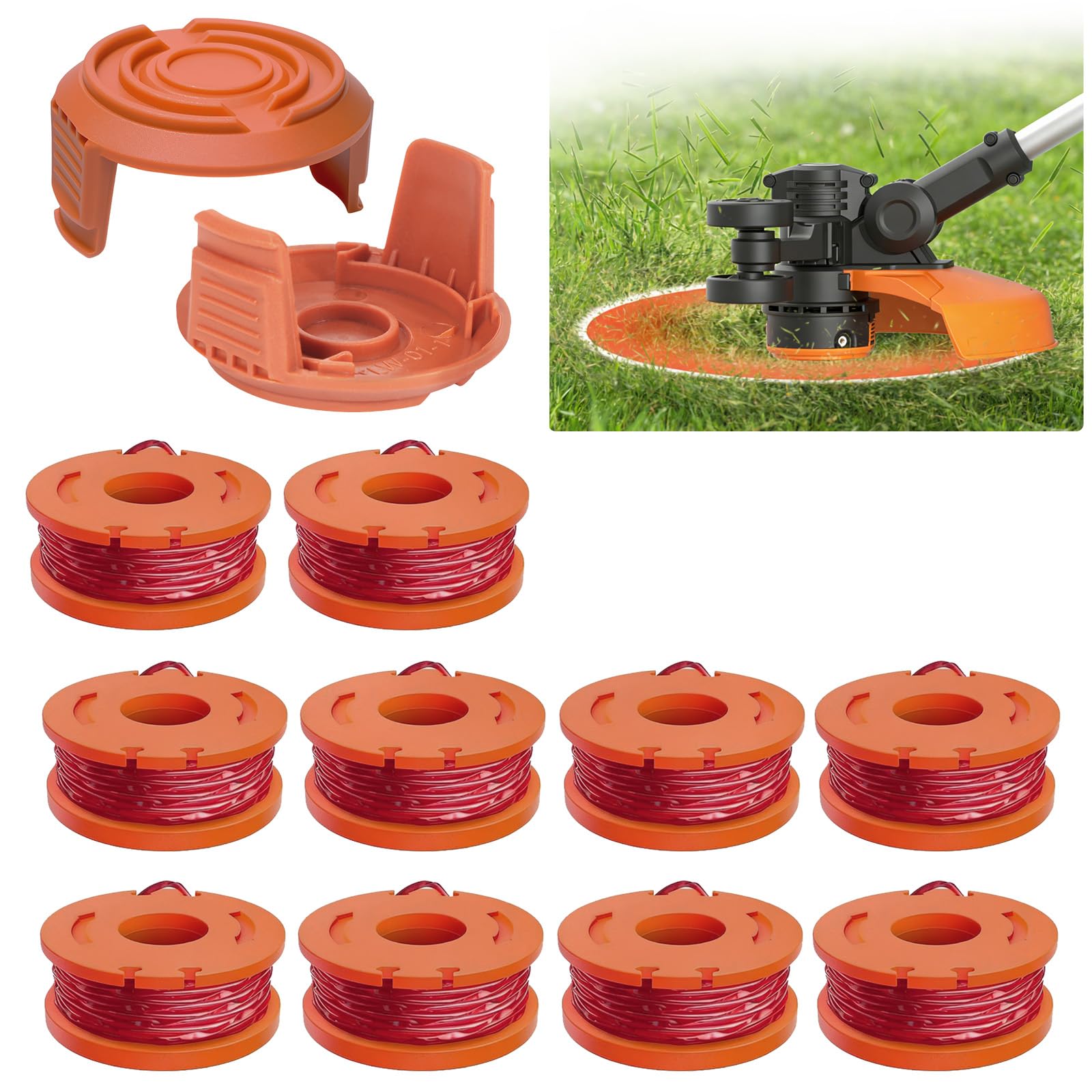 Gucass Zestaw 12 zapasowych szpul z żyłką do podkaszarki, kompatybilny ze wszystkimi podkaszarkami Worx 20 V, średnica 1,65 mm, 3 m, zawiera 10 opakowań żyłki do podkaszarki i 2 opakowania zaślepek