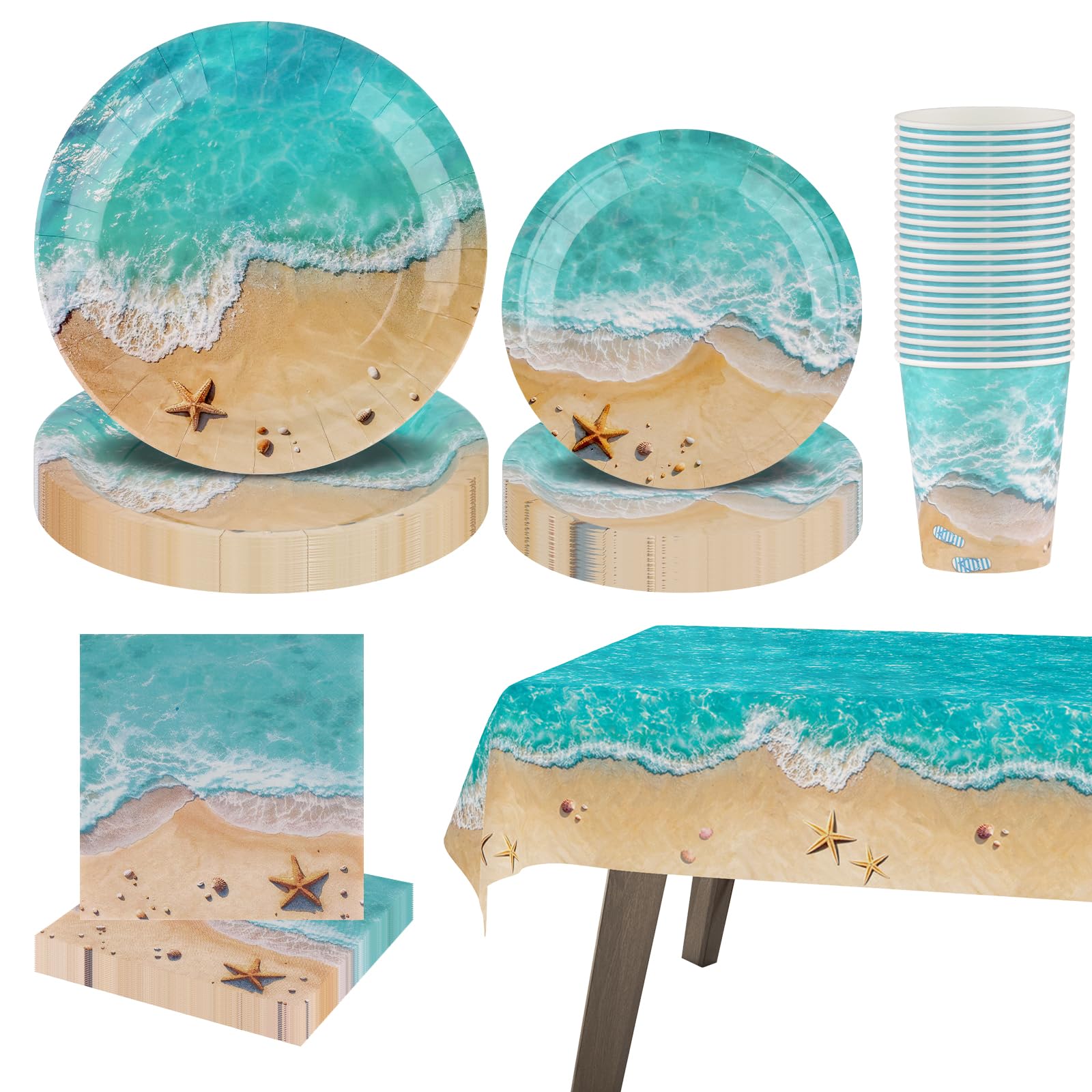 Arosche Beach Party Decorations Set for 24-Disposable Paper Plates and Napkins, Cups, Tablecloth, Tableware Summer Pool Seashell Party Decor for