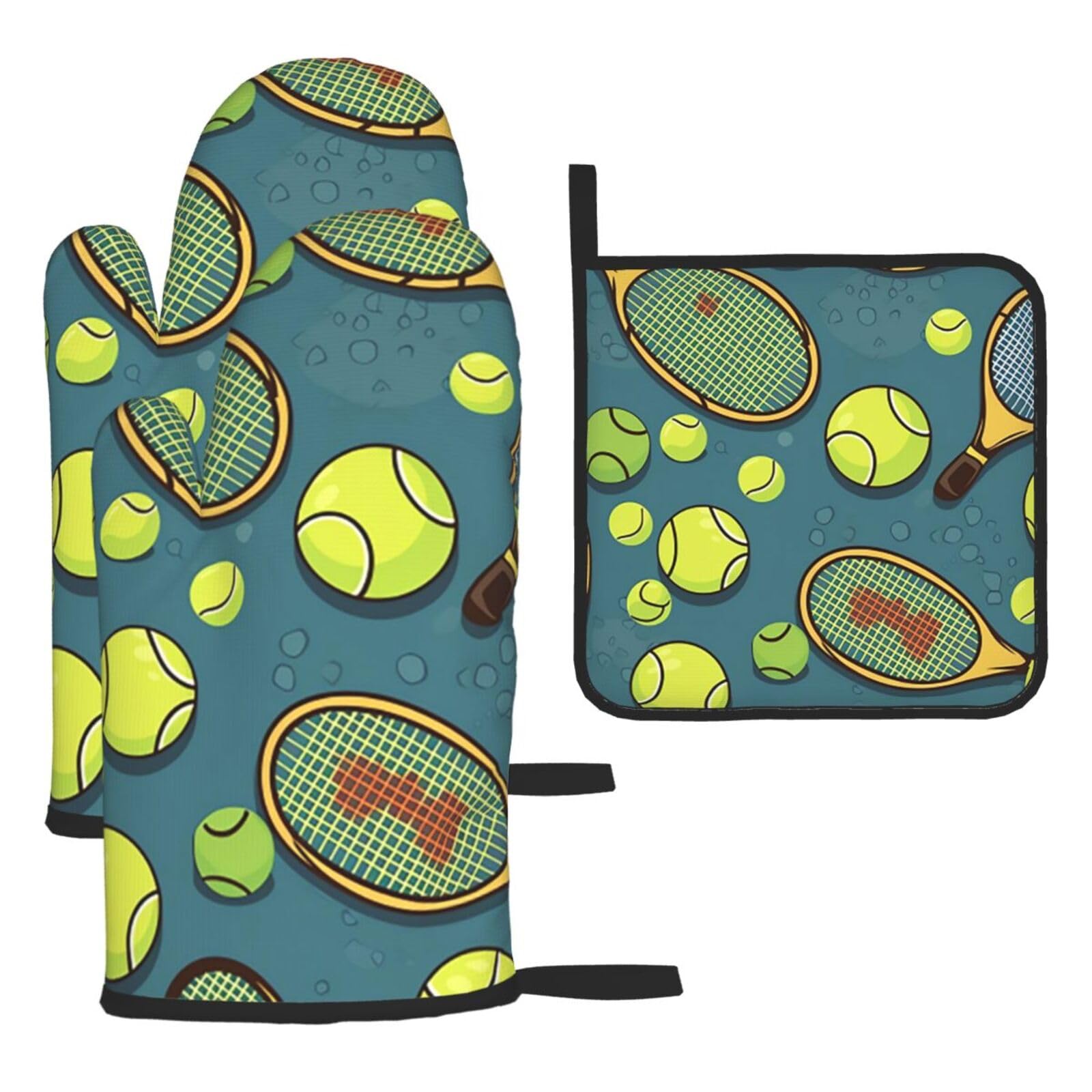 Oven Mitts and Pot Holders Sets of 3 Tennis Racquets Balls Oven Mitts 3 Pcs Heat Resistant Non Slip Ovens Gloves Hot Pads Kitchen Gloves Potholders for Baking Cooking BBQ Grilling