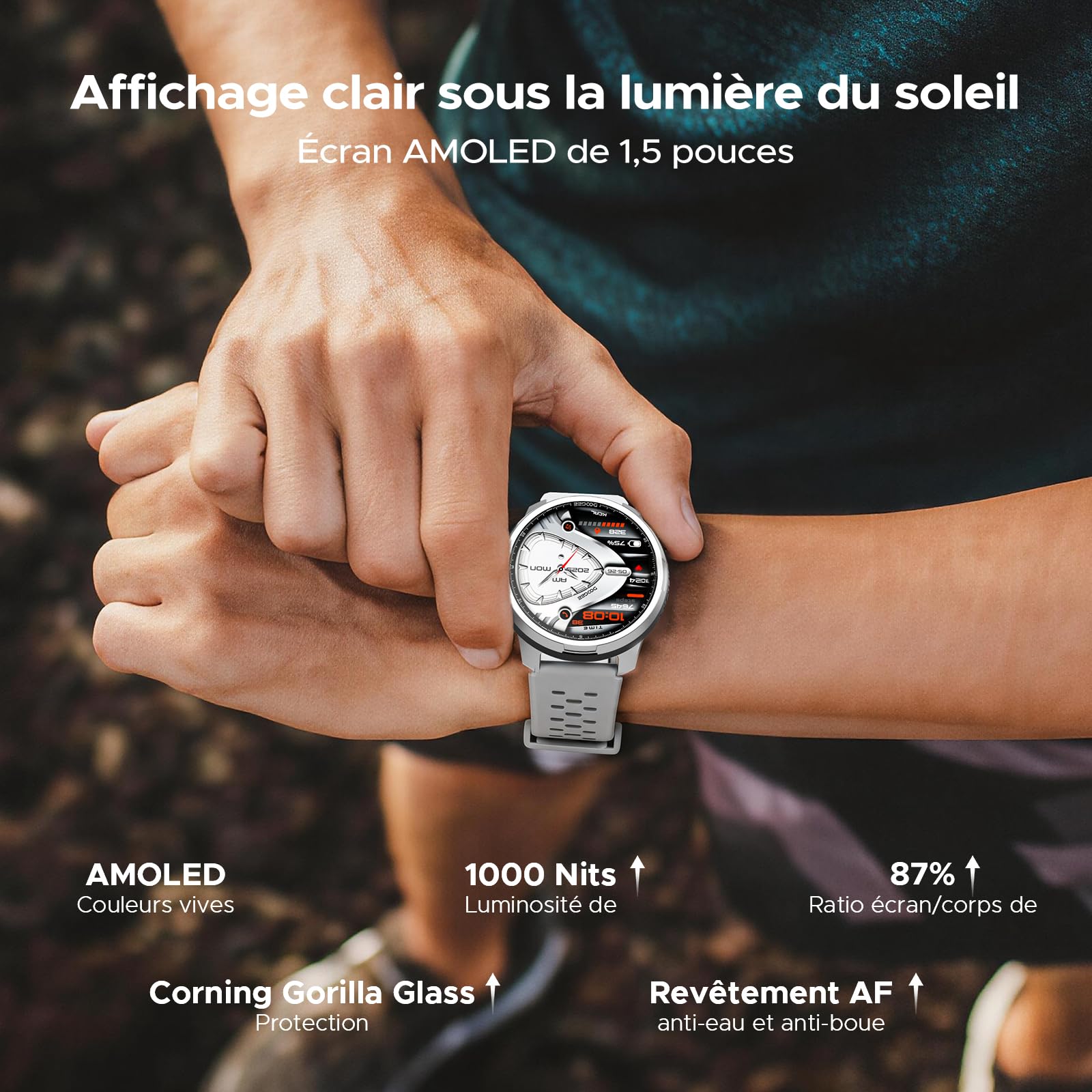 Anymoving M1 Montre Connectée Homme et Femme avec IA, GPS Double Bande 5ATM et IP68, Écran AMOLED Éclatant 1,5", Autonomie 20 Jours, 170+ Modes Sportifs Montre Sport Homme, 3 Bracelets