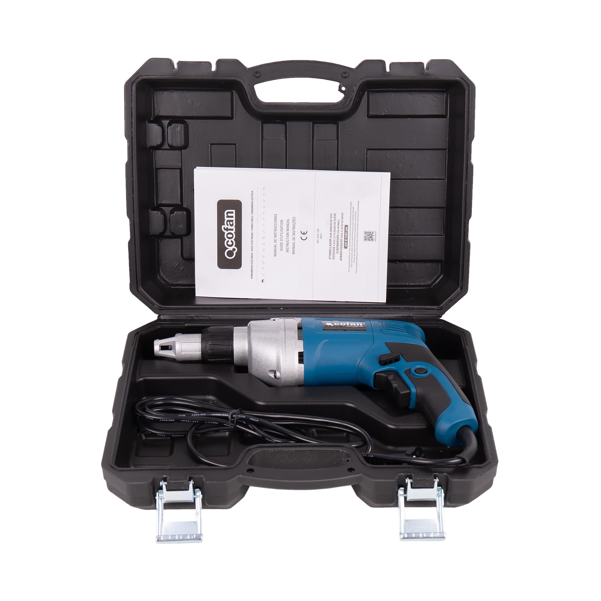 Cofan Atornillador eléctrico para paneles de yeso 600 W 2400 rpm, Control de velocidad variable, mango ergonómico, botón de bloqueo, Atornillador de obra en seco con cable