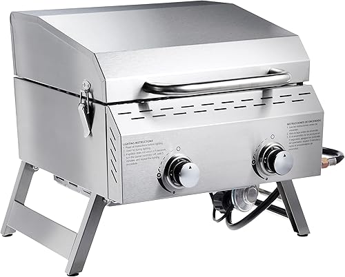 Tienda Basics Parrilla portátil de gas de propano de acero inoxidable, 2 quemadores