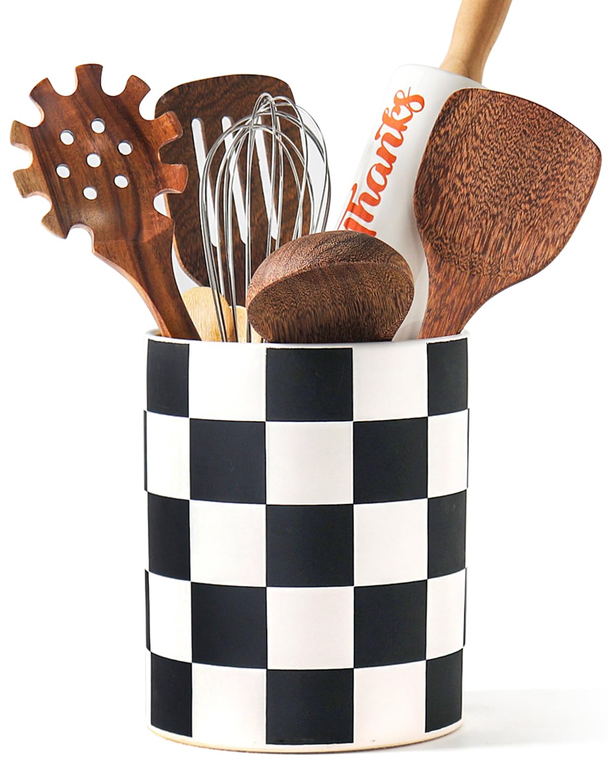 Utensil Holder，7.2 Inch Checkered Utensil Holder, Ceramic Cooking Utensil Spoon/Spatula Holder for Countertop, Kitchen Decor and Accessories for counte(Black)