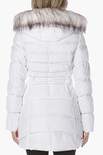 Miniatura 6 de Laundry by Shelli Segal Chaqueta acolchada con capucha de 34 para mujer con ribete de piel sintética, color blanco real, talla L, Blanco verdadero