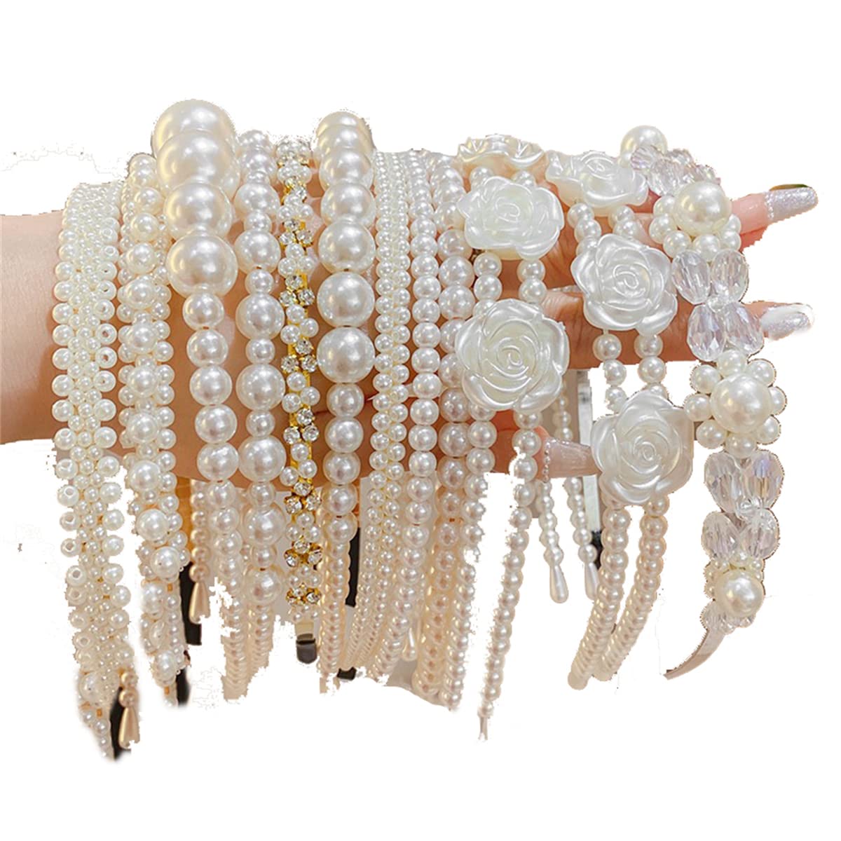 JILIYUPA 20 diademas de perlas de moda, diademas de perlas artificiales blancas con diamantes de imitación para el pelo, para novia, fiesta, boda, accesorios para el cabello para mujeres y niñas (30
