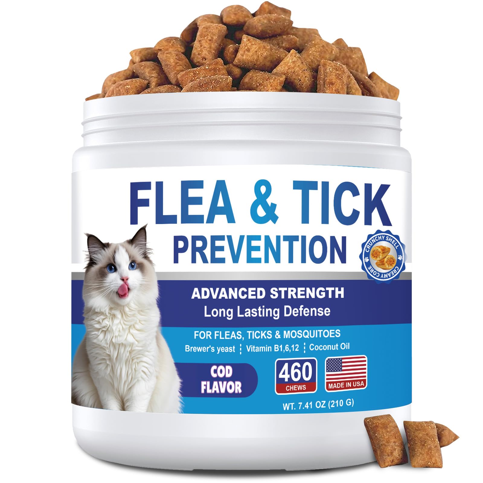 Flea and Tick Chews for Cat 460 ct - Cats Fleas Supplement with Skin & Coat Support, Probiotics Brewer’s yeast |Cat Flea Chewables with Vitamins B1, B6, B12 & E, Salmon Oil for All Breeds & Ages