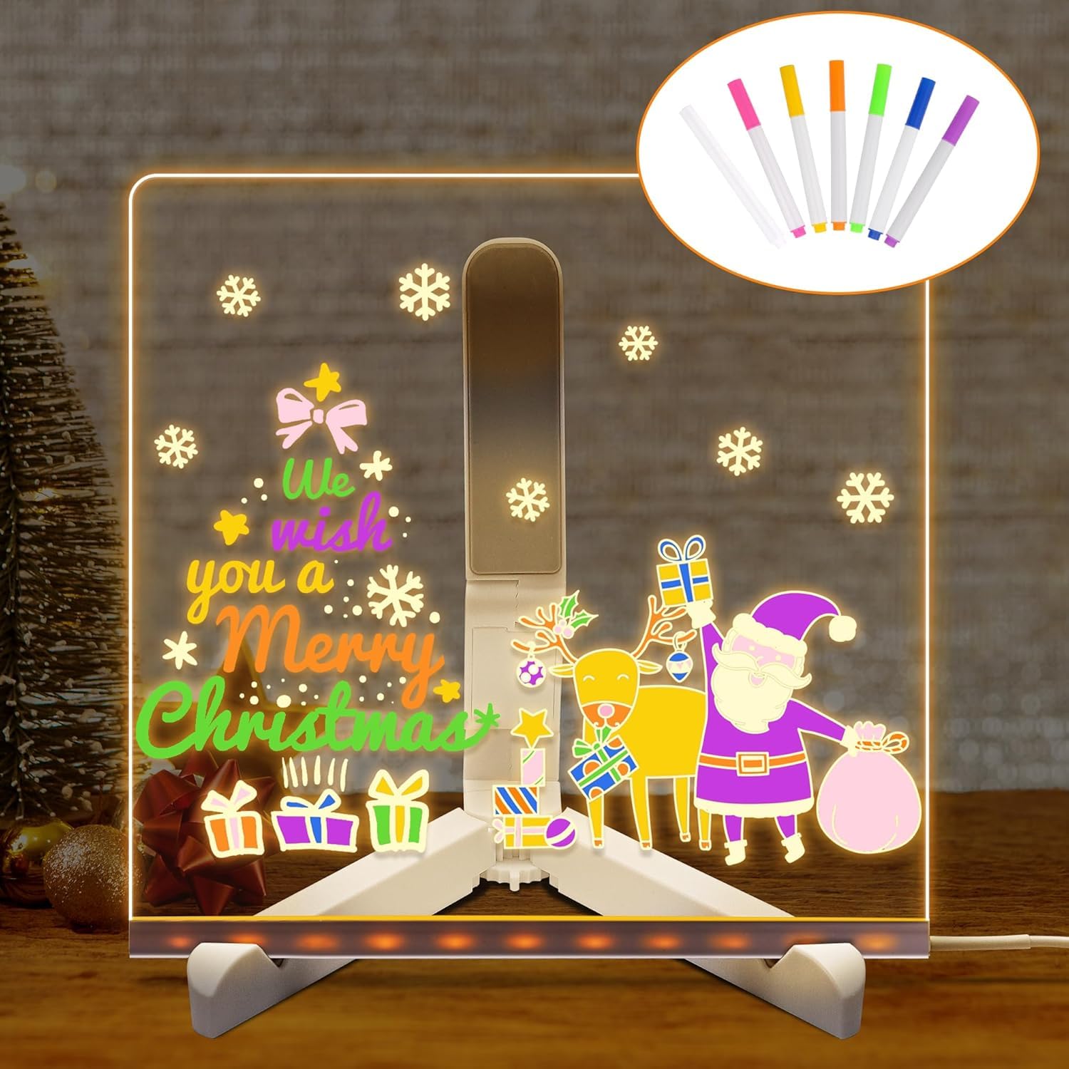 LED Note Board with 7 Colors Pen, Magic Note Board Glowing Acrylic Message Marker Boards with Light, LED Drawing/Writing Light Up Dry Erase Boards with Stand for Office School Home(20 * 20cm)