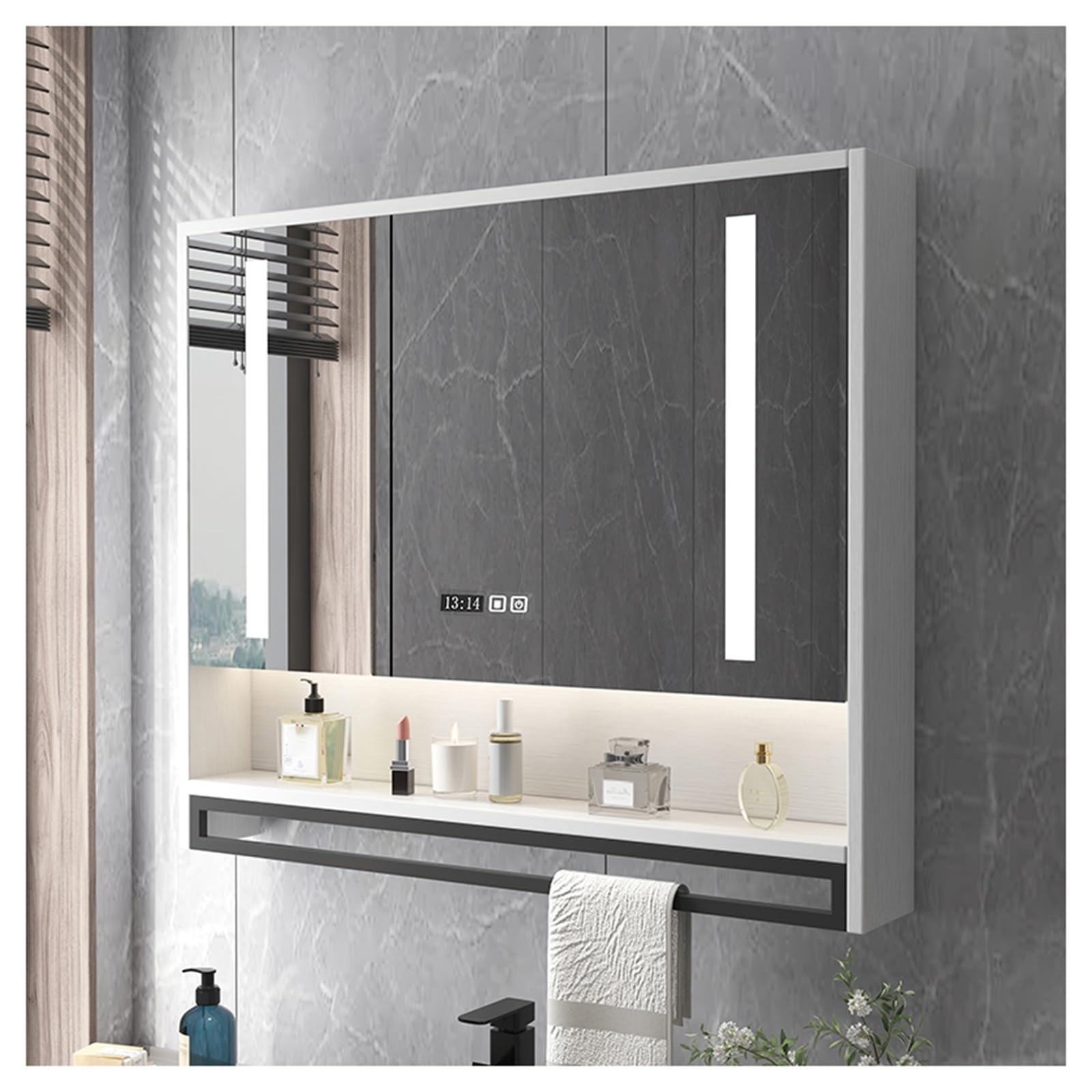 BKSXSOP LED Bathroom Mirror Cabinet with Anti-Fog, Wall-Mounted Vanity Storage, Modern Shelves, 80x75cm (31.5x29.5in)