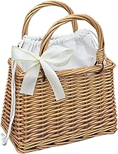 Square Bow Handbag, Wicker Basket with Woven Handle, Rattan Bag with Fabric Lining, Woven Straw Handbag, Boho Type Wicker Handbag 9.5 x 5.1 x 6.3 Inch