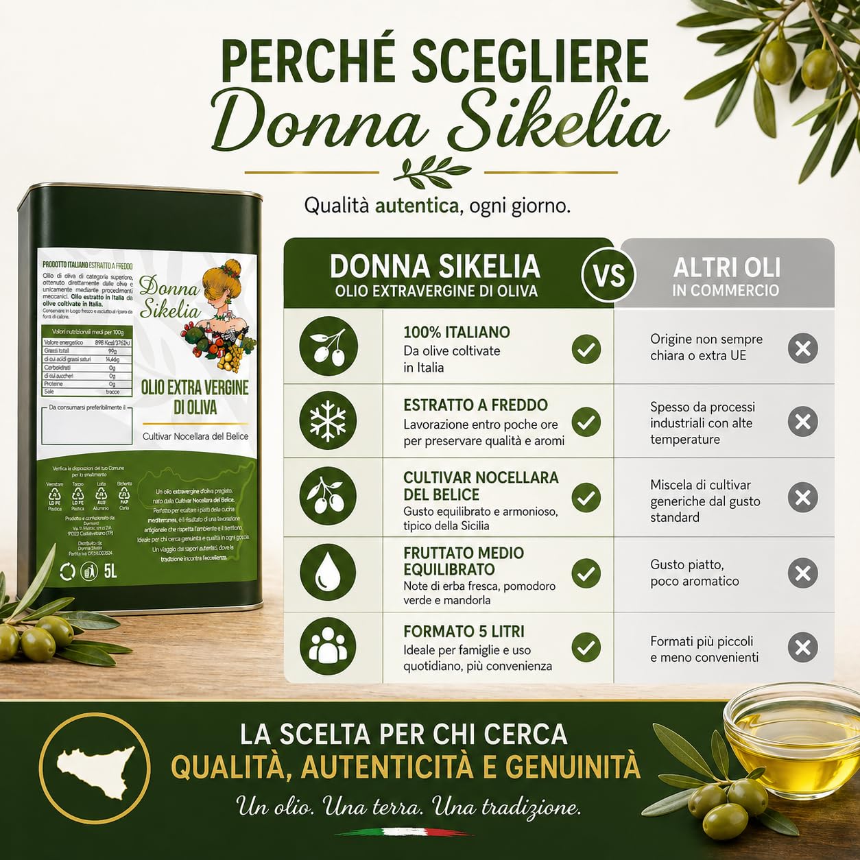 Donna Sikelia Olio Extravergine di Oliva 5L da Olive Cultivar Nocellara del Belice 100% Italiano Estratto a Freddo Fruttato Medio Lattina