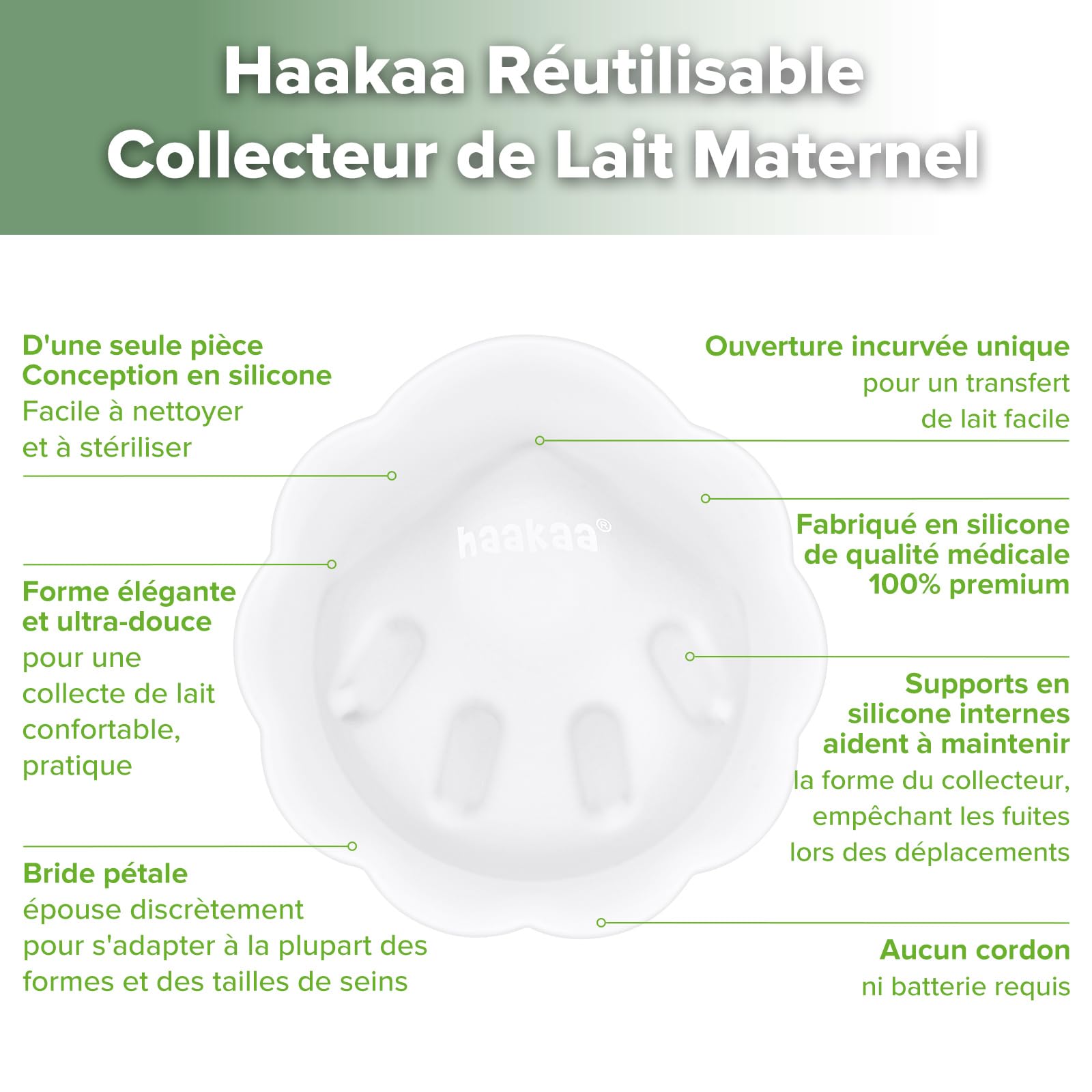 haakaa Petal Soft - Récipient à lait en silicone souple - Discret et anti-fuite - Bols de poitrine réutilisables - Avec brosse de nettoyage - 2 pièce