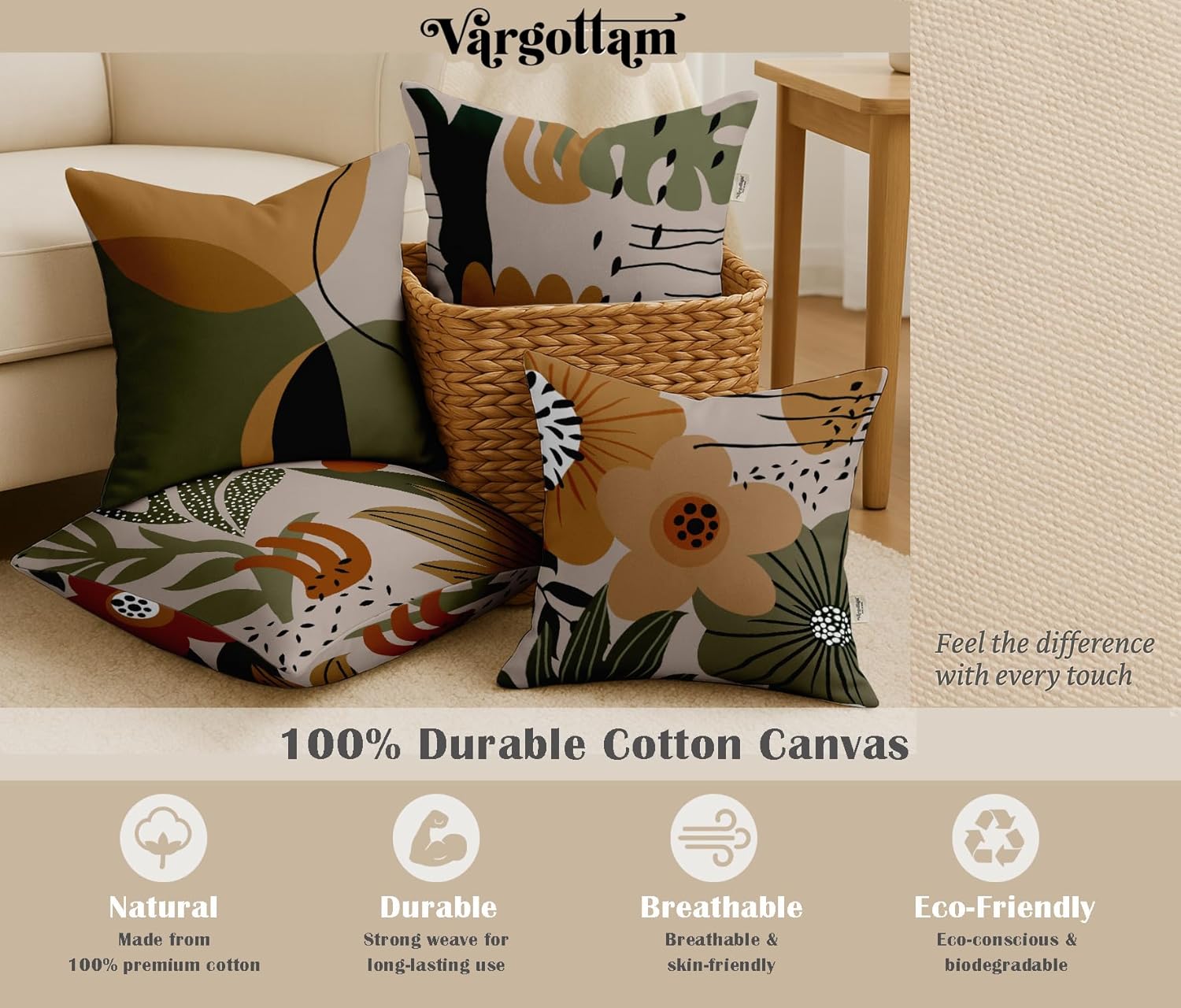 18x18, Cotton Cushion Covers Set of 4 Printed Throw Pillow Covers with Hidden Zip, Double Sided Design - Taupe, Tropical Design