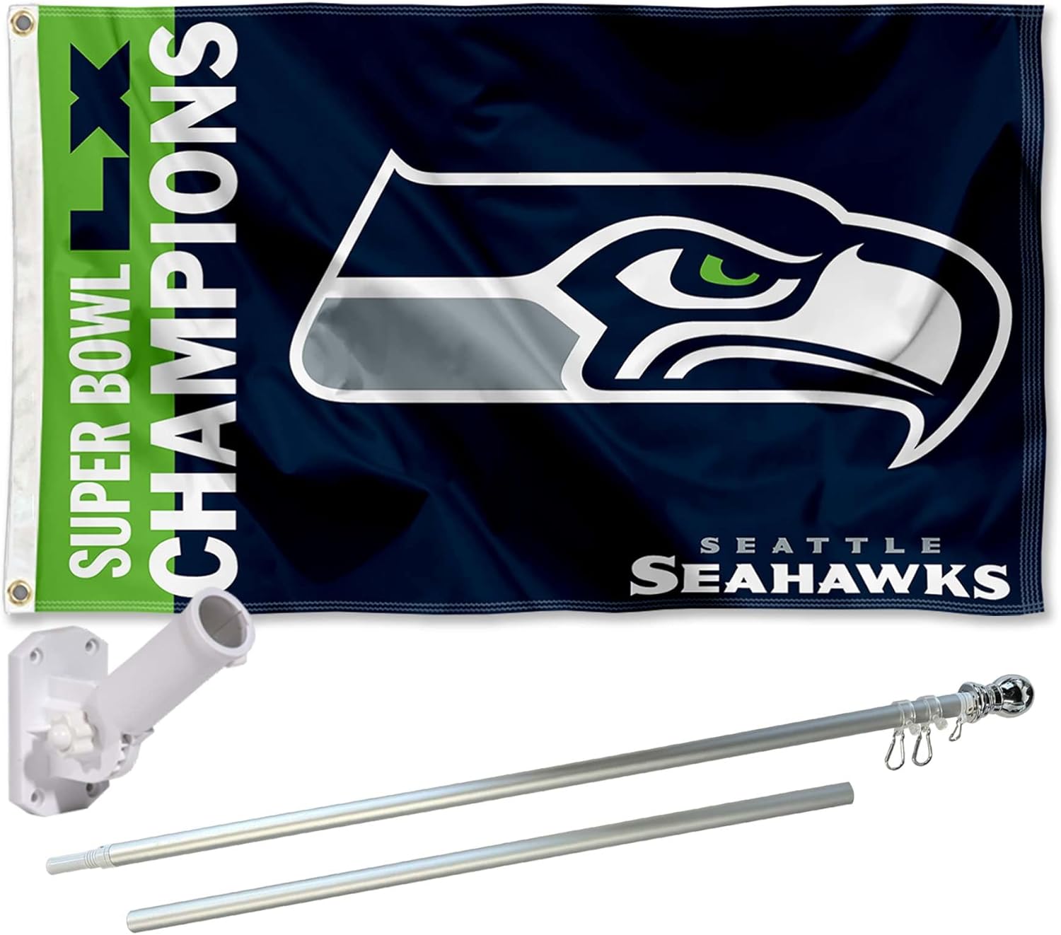 Seattle Seahawks Super Bowl LX Champions Flag Pole and Bracket Mount Kit
