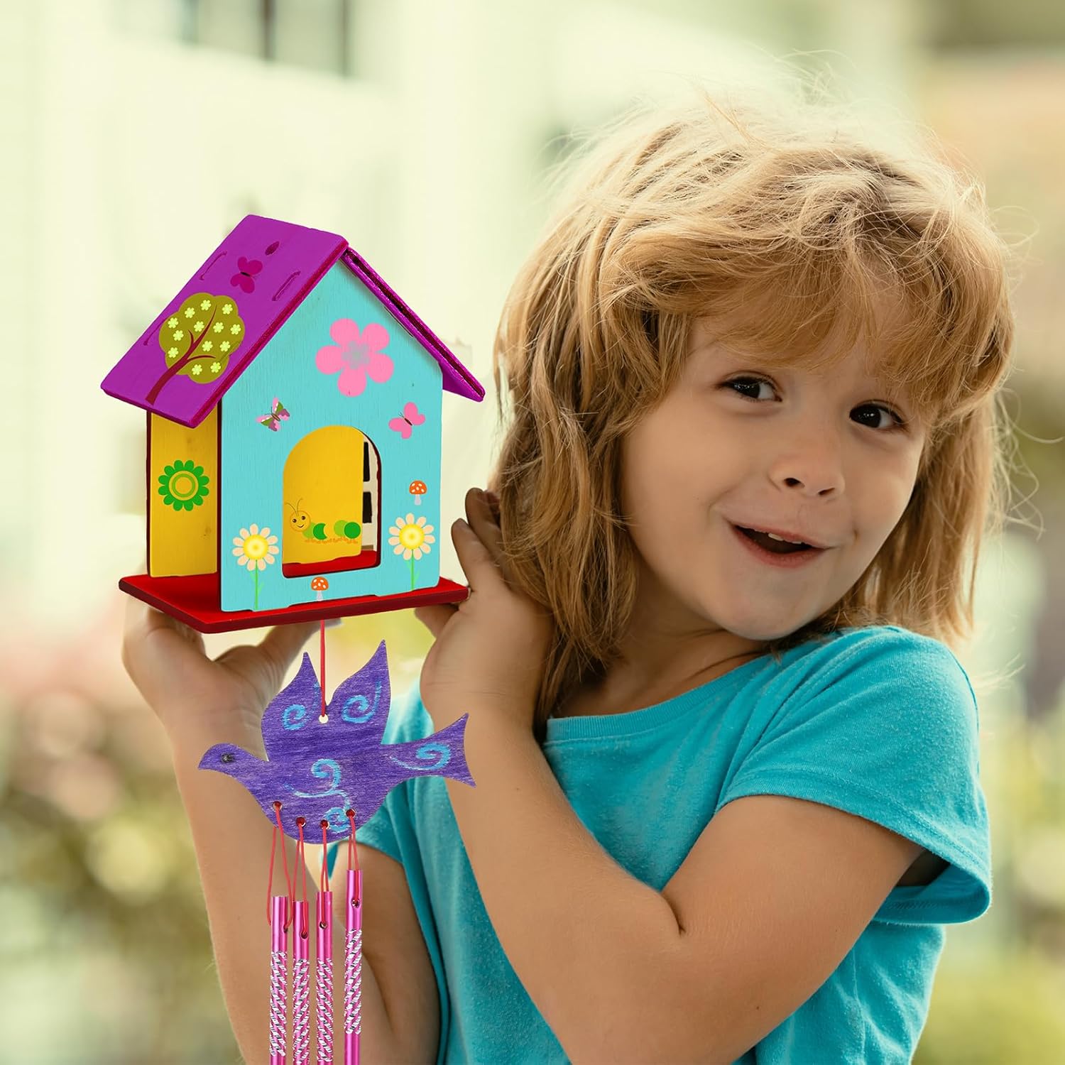 Feifeiya 24 Sets DIY Birdhouse Wind Chime Kit Build and Paint Birdhouses Wooden Arts 24 Unfinished Wooden Bird House 24 Wind Chime 38 Butterfly Sticker 24 Watercolor Arts for Activity(Elegant)