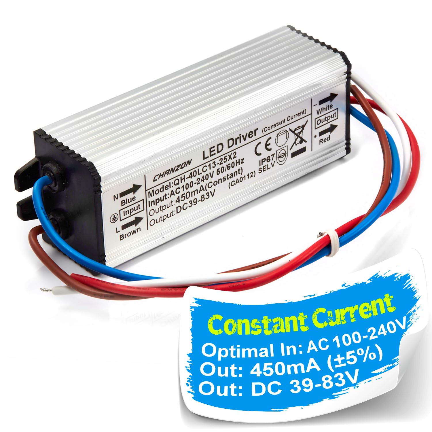 Chanzon LED Driver 450mA (Constant Current Output) 39V-83V (Input 85-277V AC-DC) (13-25) x2W IP67 Waterproof Power Supply 450 mA Lighting Transformer Drivers for High Power COB Chips (Aluminium)