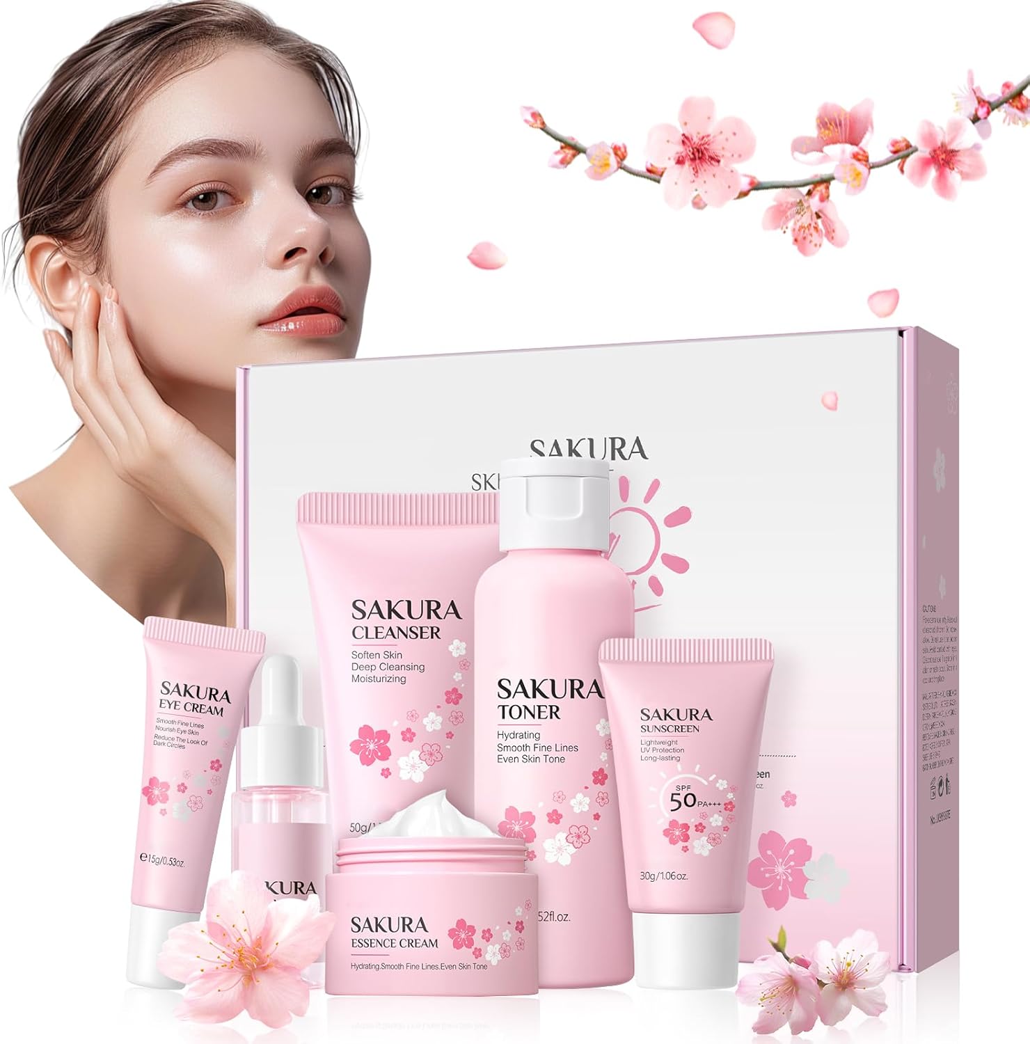 Coffret de soins 6 pièces Sakura, Coffret de soins du visage Sakura, Coffret de soins pour la peau Cherry Blossom, Hydratant et hydratant, set de traitement nettoyant pour le visage