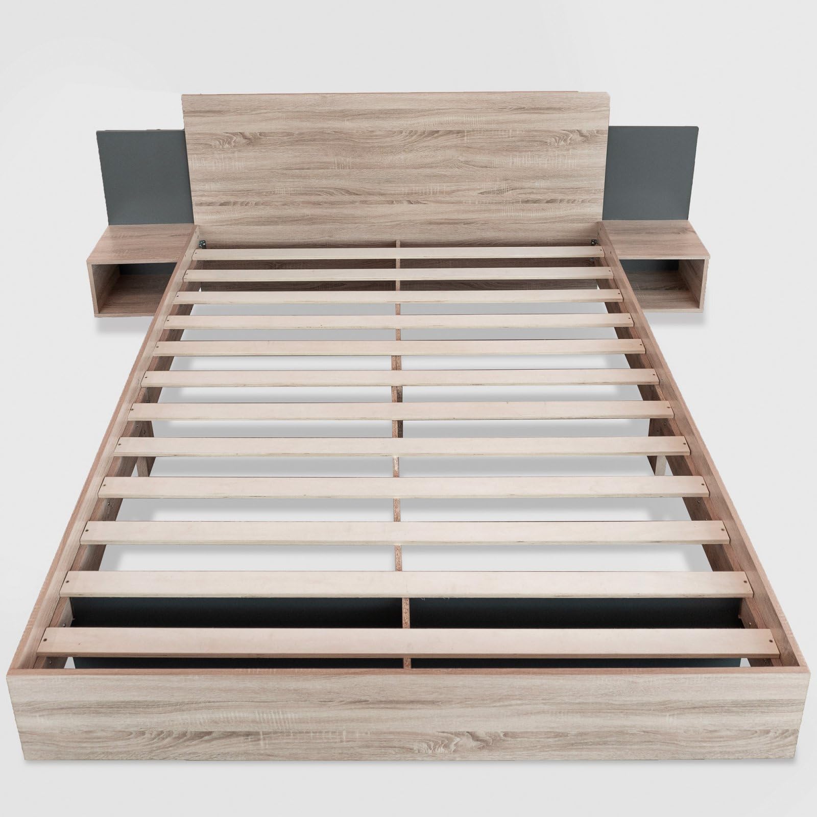 KOMHTOM Lit Double avec 2 Tables de Nuit,Moderne Table de Chevet en Une pièce lit en Bois avecSommier à Lattes, Cadre de Lit Plateforme pour Adultes, Adolescents(sans Matelas) (160 x 200cm)