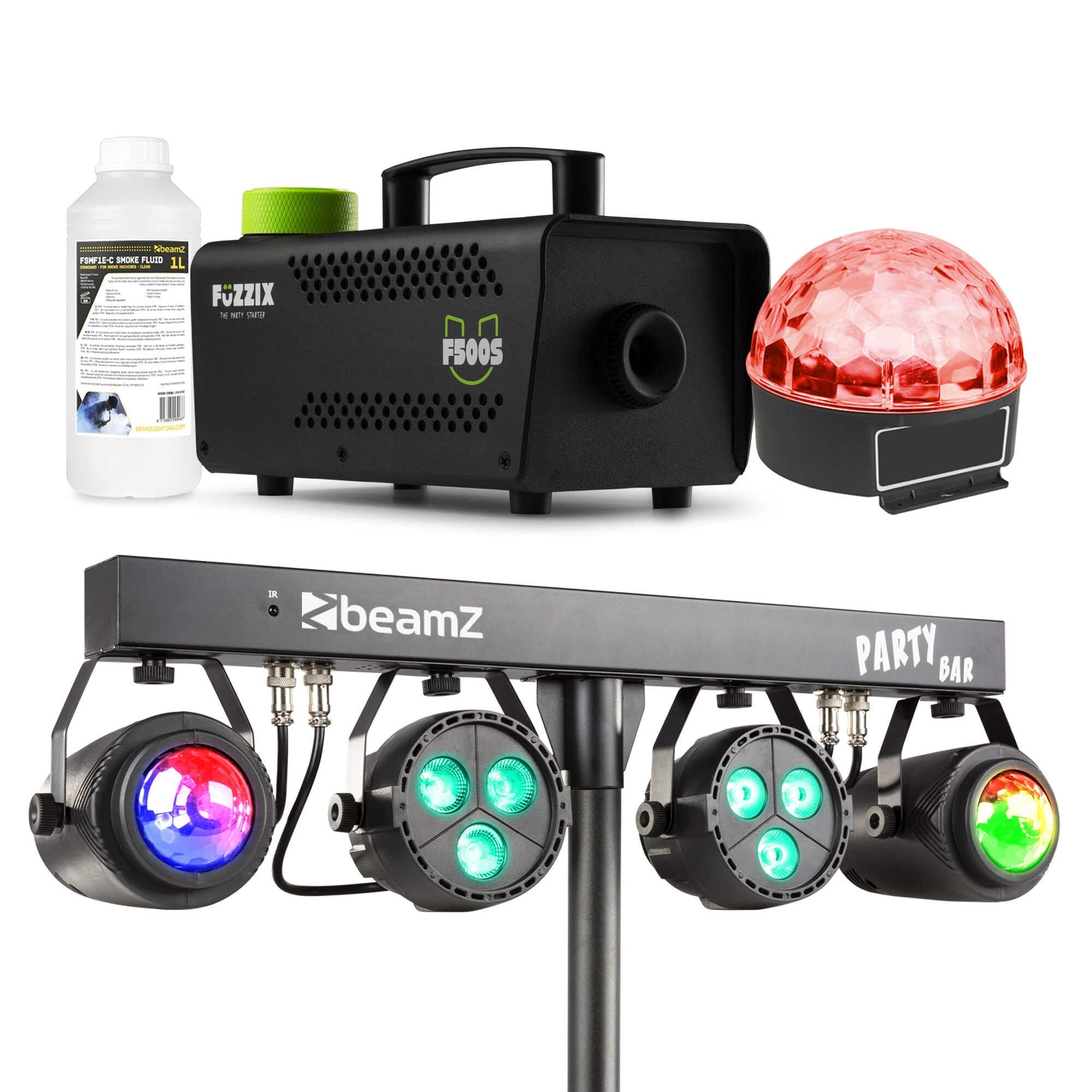 BeamZ Disco Party Komplett Set - inkl. Mini Nebelmaschine mit Nebelfluid, 4-1 Lichtorgel DJ Lichtanlage, Discokugel 30cm mit LED Pinspot Strahler - Perfekt Bühnenbeleuchtung für Geburtstage & Disco