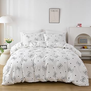 Cotton Duvet Cover Set Twin Size 100% Washed Cotton Linen Feel Bow Cute Bedding Set for Boys Girls 3 Pcs Ultra Soft Breathable Comforter Cover Set with Zipper Closure.