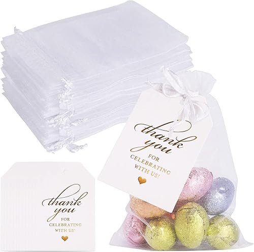 Juego de 60 bolsas de organza blanca, 60 bolsas de regalo con cordón y 60 etiquetas de agradecimiento y bolsas de malla de caramelo para Navidad,