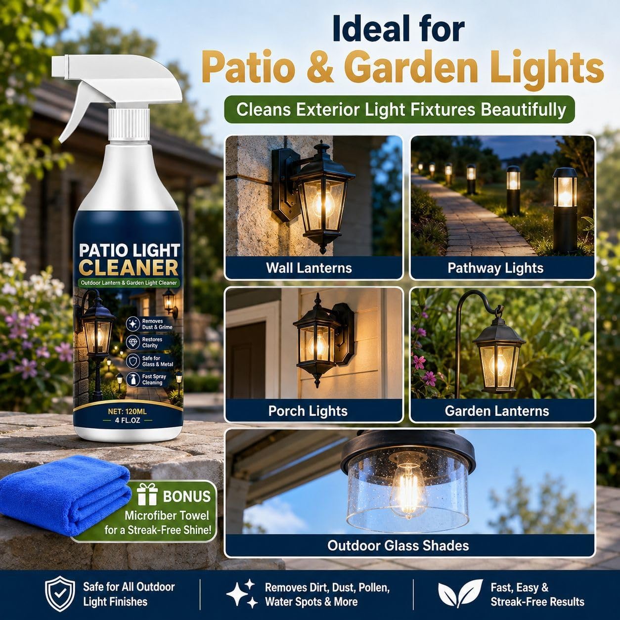 Outdoor Patio Light Cleaning Spray, entfernt kraftvoll Staub, Schmutz, Pollen und Wasserflecken von Lampenschirmen und Beleuchtungskörpern. Bringt die ursprüngliche kristallklare Helligkeit (6pcs)