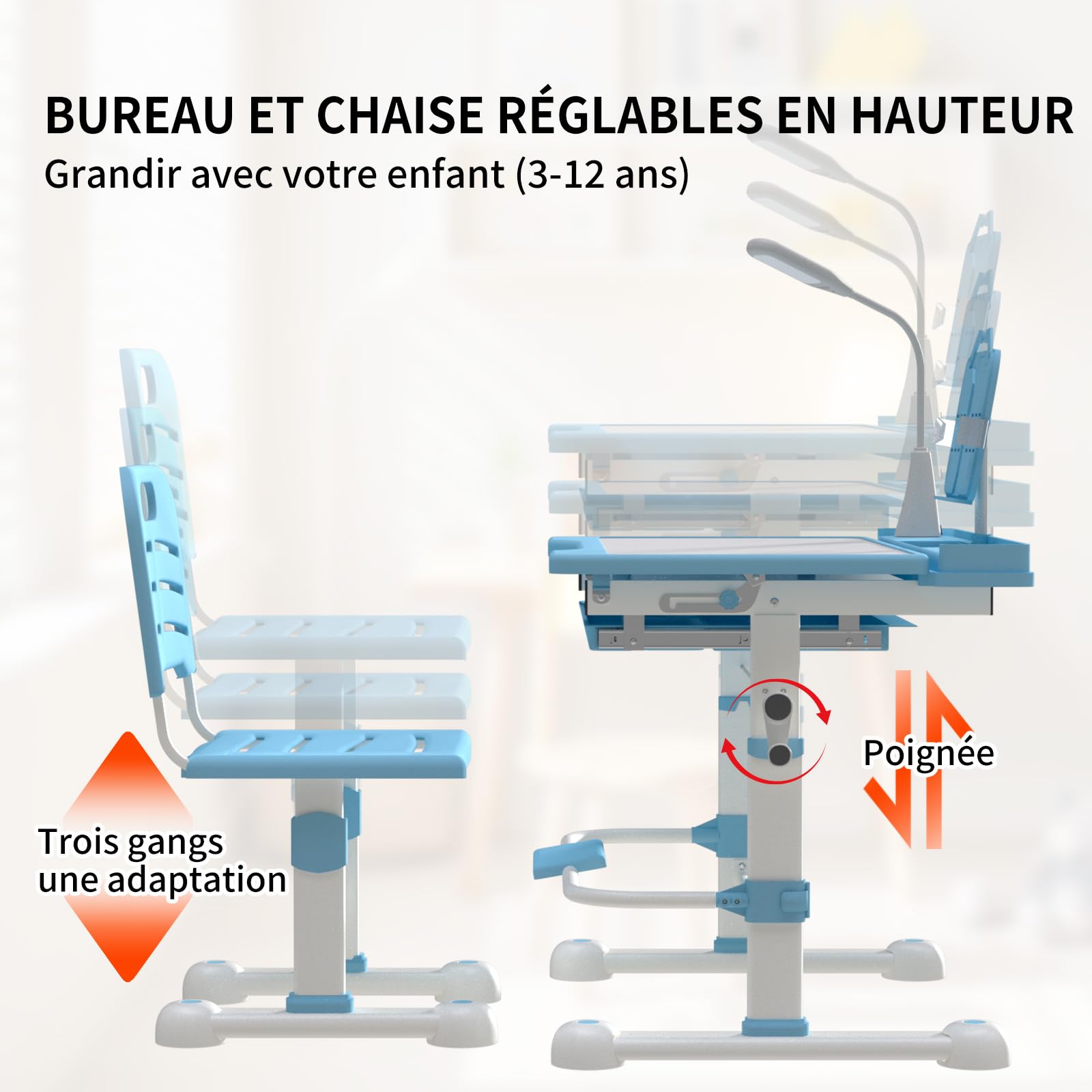 YLGJ&TIDY Ensemble de Table et de Chaises pour Enfants avec Lampe LED de Protection des Yeux, Bureau Enfant, Hauteur Réglable, Plateau Inclinable, Tiroir Multifonctions, Porte-Gobelet, Bleue