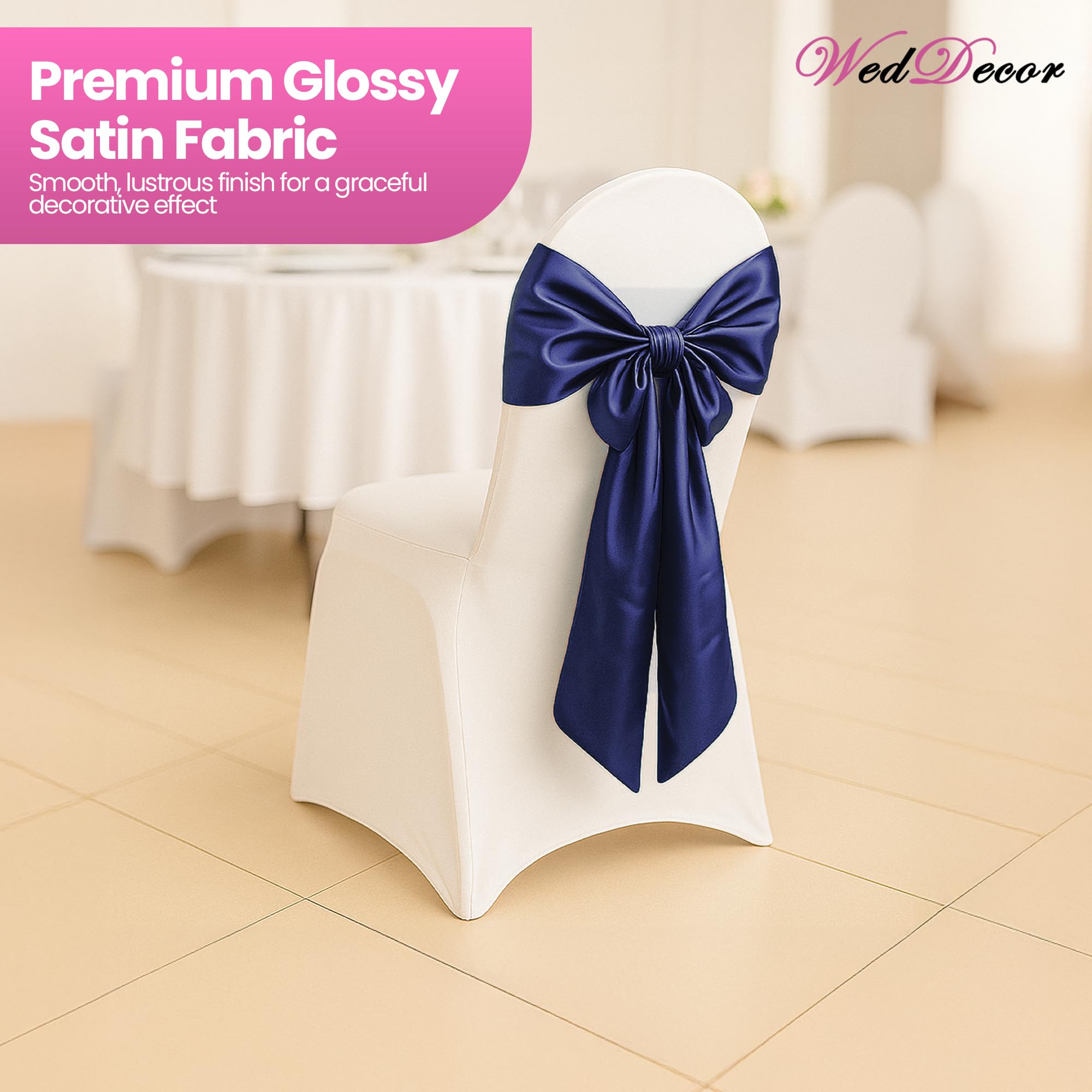 WedDecor Raso Fascia Nastro Fuller Fiocco per Sposa Matrimonio Compleanno Fidanzamento Reception Festa Banchetto Evento Sedia da Pranzo Decorazione -7" X 108" (18 x 274cm) - Navy, 100pcs