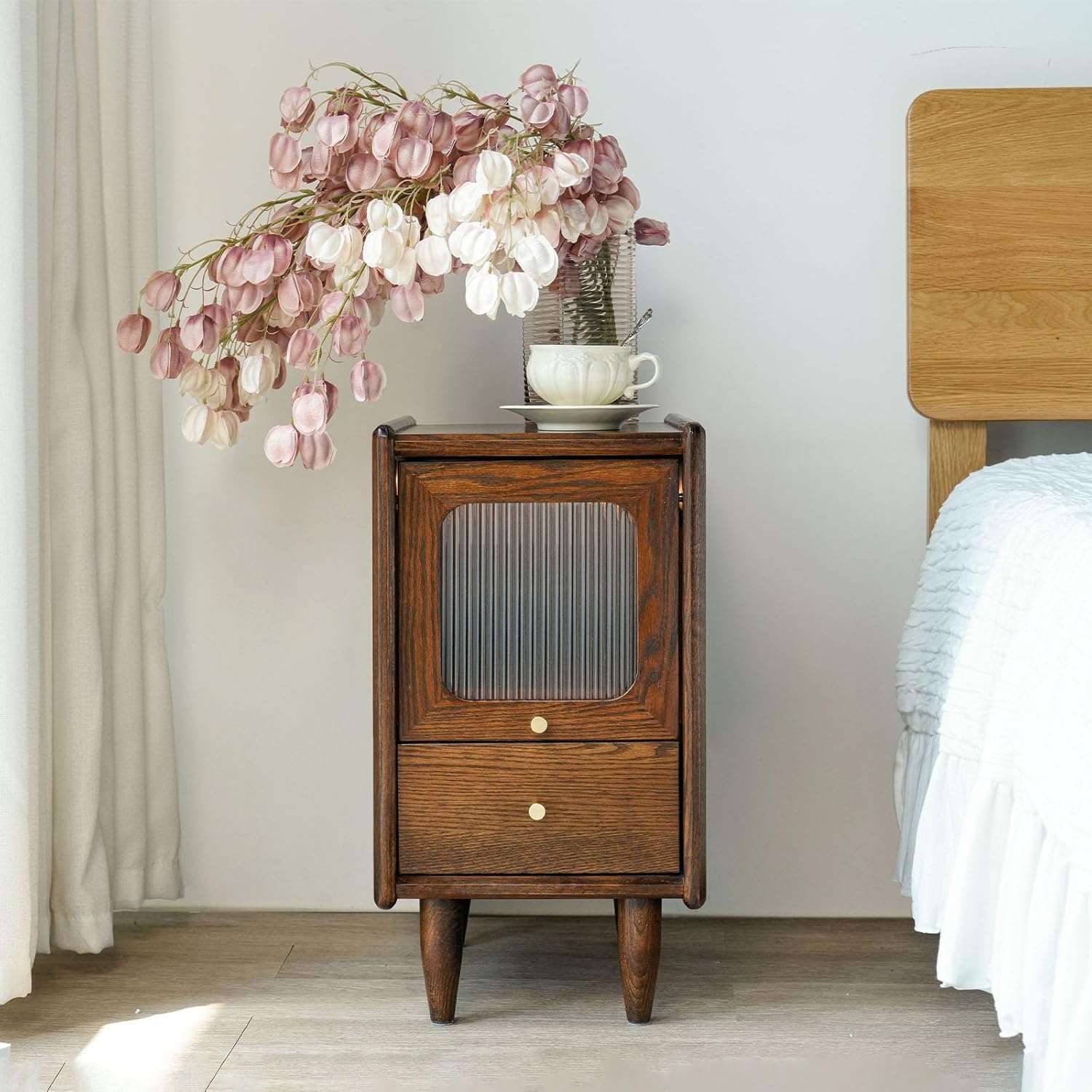 Mid Century Modern Narrow Nightstand with Drawers, Solid Wood Oak Bedside Table, Side Table, 11.81 W x 15.75 D x 21.26 H Inches, Walnut