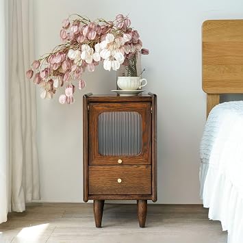Mid Century Modern Narrow Nightstand with Drawers, Solid Wood Oak Bedside Table, Side Table, 11.81 W x 15.75 D x 21.26 H Inches, Walnut