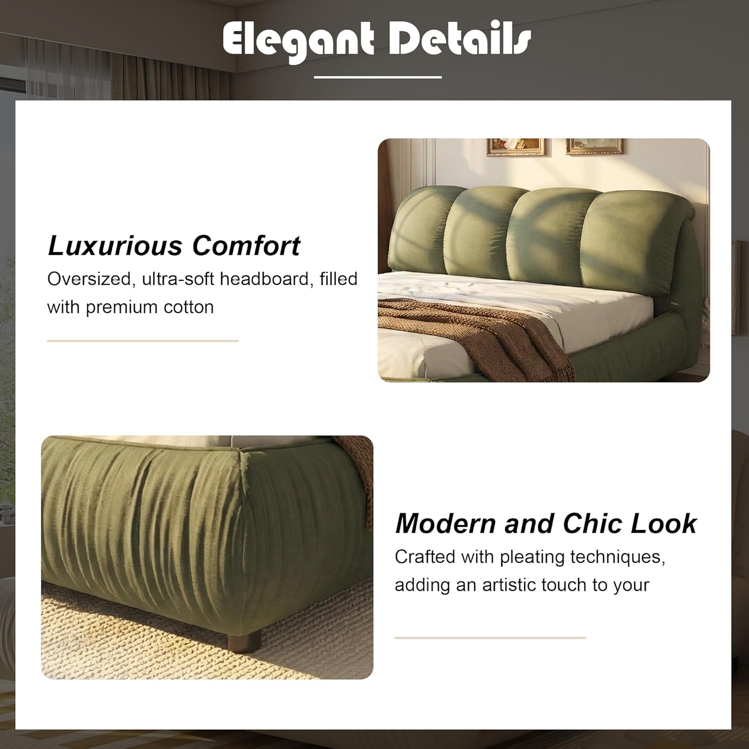 MAKIAAP Queen Size Cloud Bed Frame with Oversized Padded Backrest and Solid Wood Frame, Luxury Upholstered Platform Bed for Bedroom, Apartment, No Box Spring Needed, Green