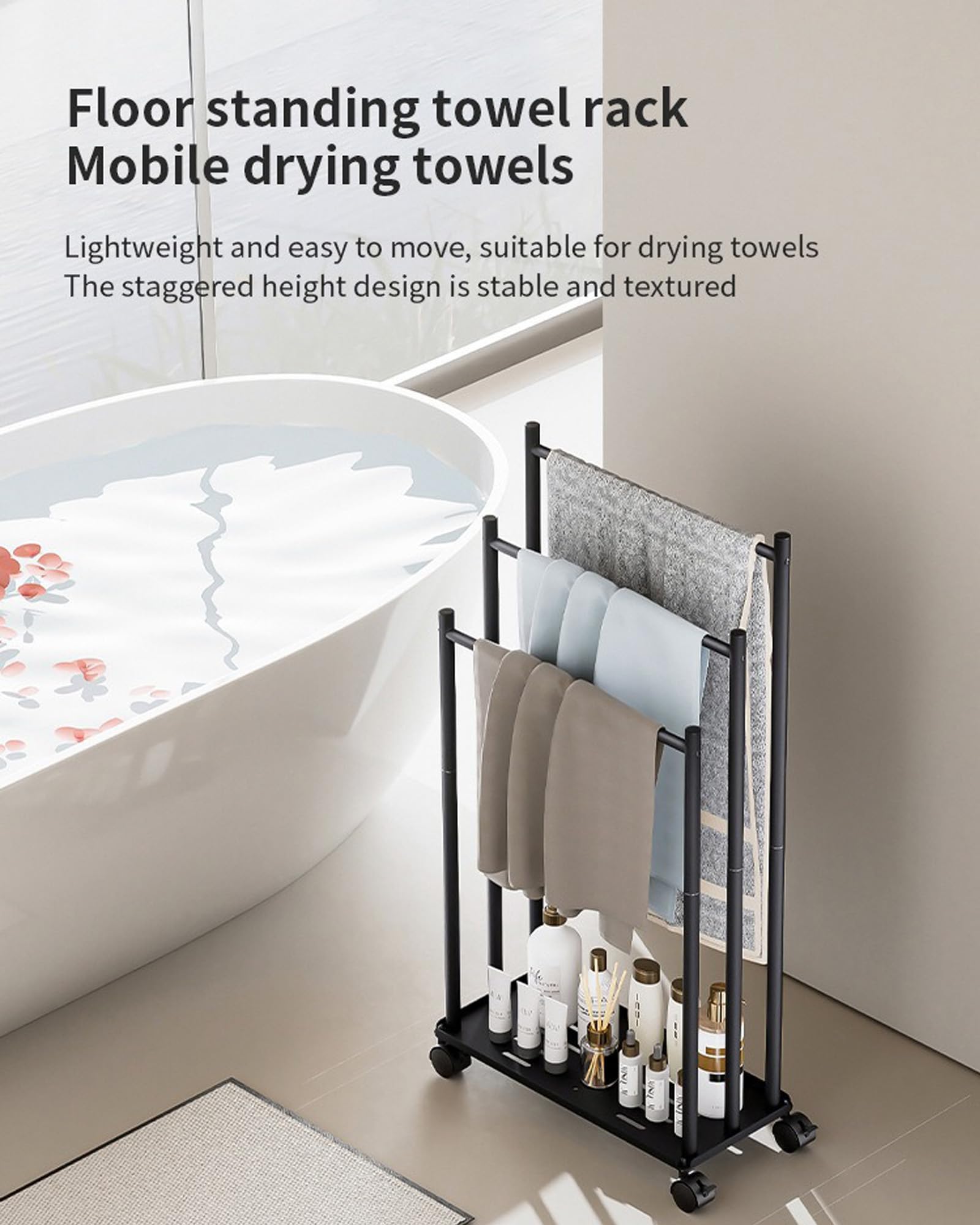 Toallero de Pie de 3 Niveles, Toallero Escalera con Estante y Ruedas, Ahorra Espacio, Material Metálico, Toallero de Piscina para Exteriores, para Baños, Salón, Negro