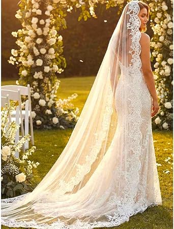 HEREAD Lace Cathedral Length Wedding Veil with Comb for Women | Long Chapel Floor White and Ivory 1 Tier Bridal Tulle Veils Hair Accessories for Brides