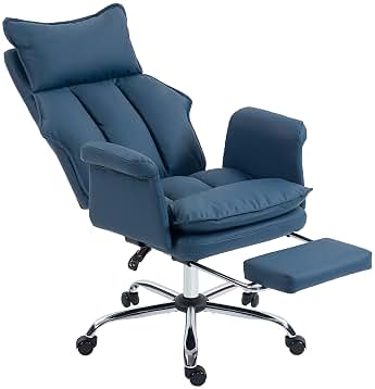 HOMCOM Silla de Escritorio con Reposapiés, Silla de Oficina Giratoria, con Respaldo Reclinable y Alto, Acolchado Grueso, Tapizada en Cuero Sintético, Soporte Lumbar, Altura Ajustable, Ruedas, Azul