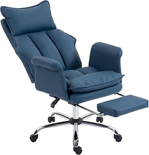 HOMCOM Silla de Escritorio con Reposapiés, Silla de Oficina Giratoria, con Respaldo Reclinable y Alto, Acolchado Grueso, Tapizada en Cuero Sintético, Soporte Lumbar, Altura Ajustable, Ruedas, Azul