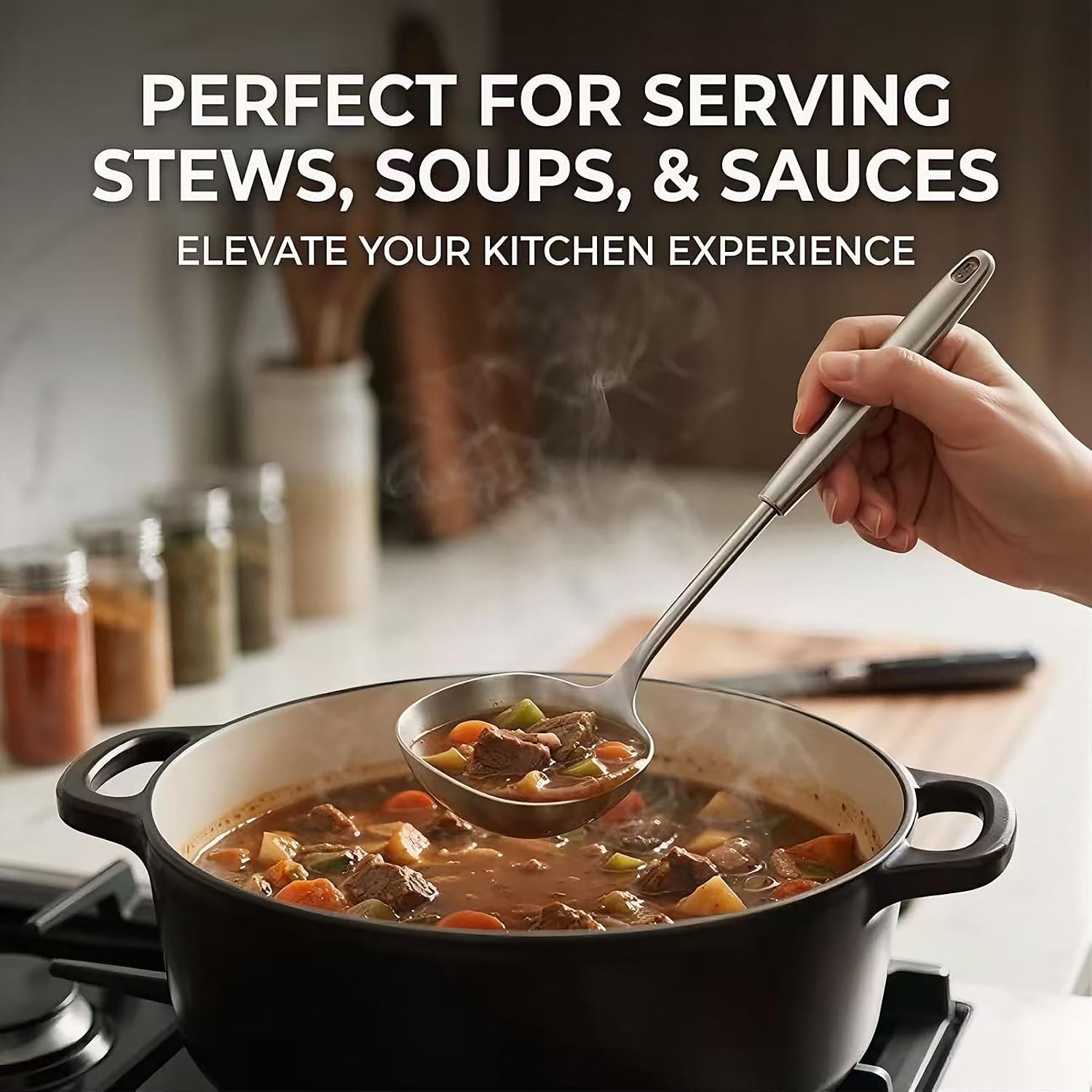 15.4" Large Soup Ladle,316 Stainless Steel Kitchen Ladle with Unique Square Head,Premium Matte Finish Gravy Ladle for Serving Stews,Soups&Sauces,Ergonomic Heat-Resistant Handle Soup Spoon