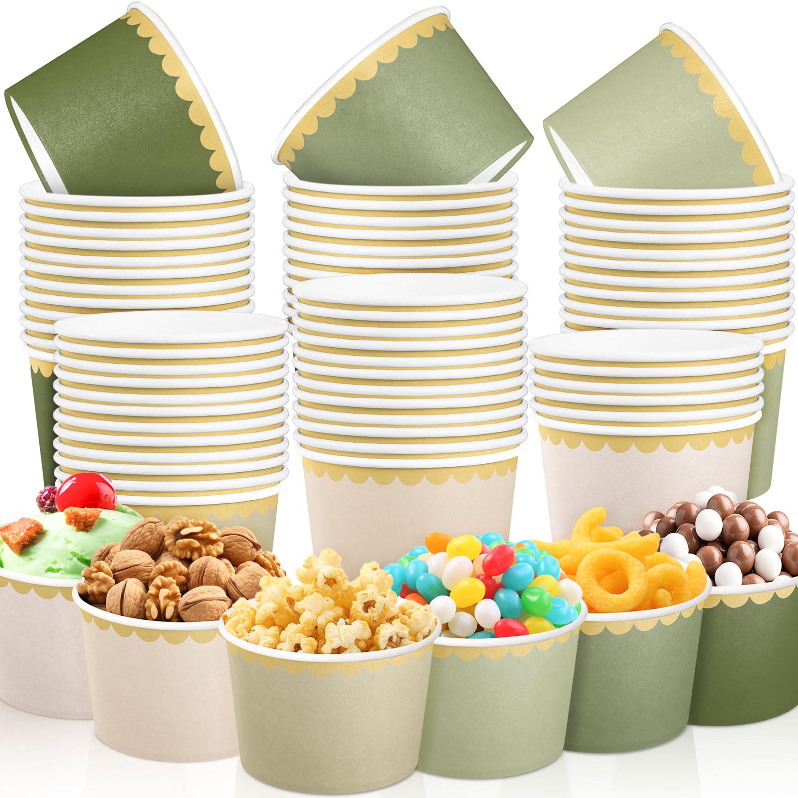 Zopeal 48 Pcs Sage Green Disposable Ice Cream Bowls with Gold Scalloped Rim