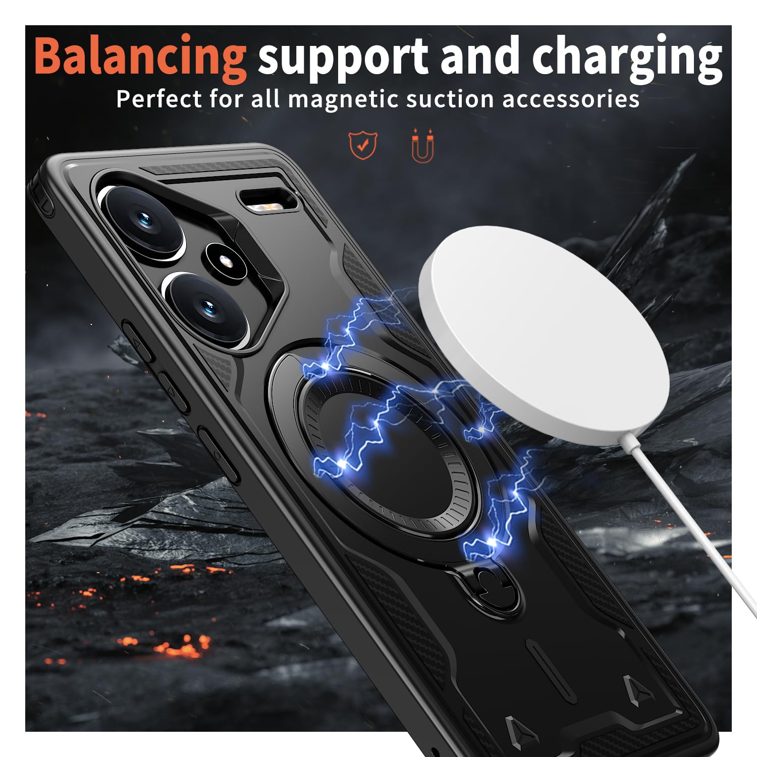 SORAKA Case for Xiaomi Redmi Note 13 Pro+ 5G with Stand,Compatible with MagSafe Case for Redmi Note 13 Pro Plus 5G with Iron Sheet Rugged Shock-Absorbing case Military-Grade Drop Protection Black