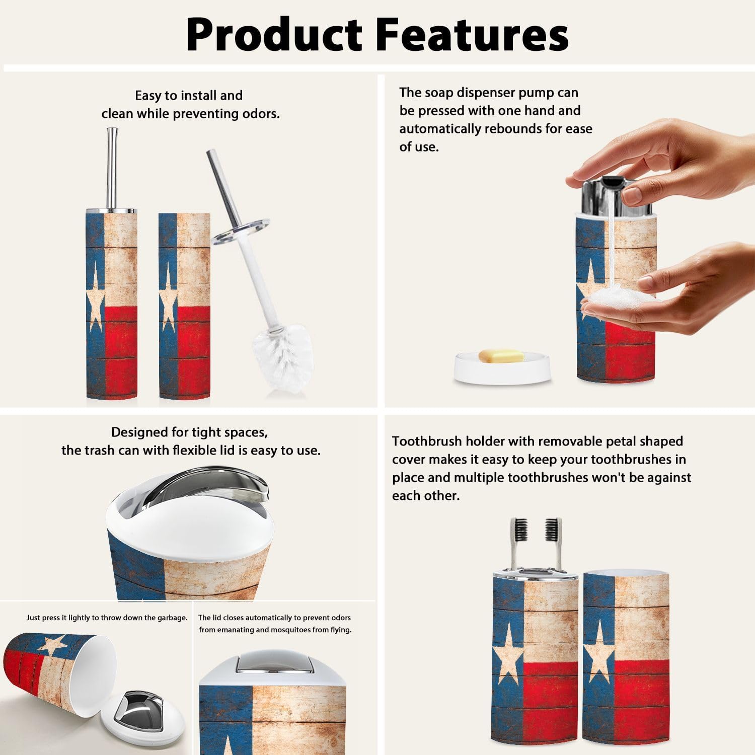 Bathroom Accessory Set 6PCS Texas Flag Made Old Wooden Boards Painted Rustic Retro Painted Trash Can, Soap Dispenser, Toothbrush Holder, Toothbrush Cup, Toilet Brush Holder, Soap Dish for Gifts