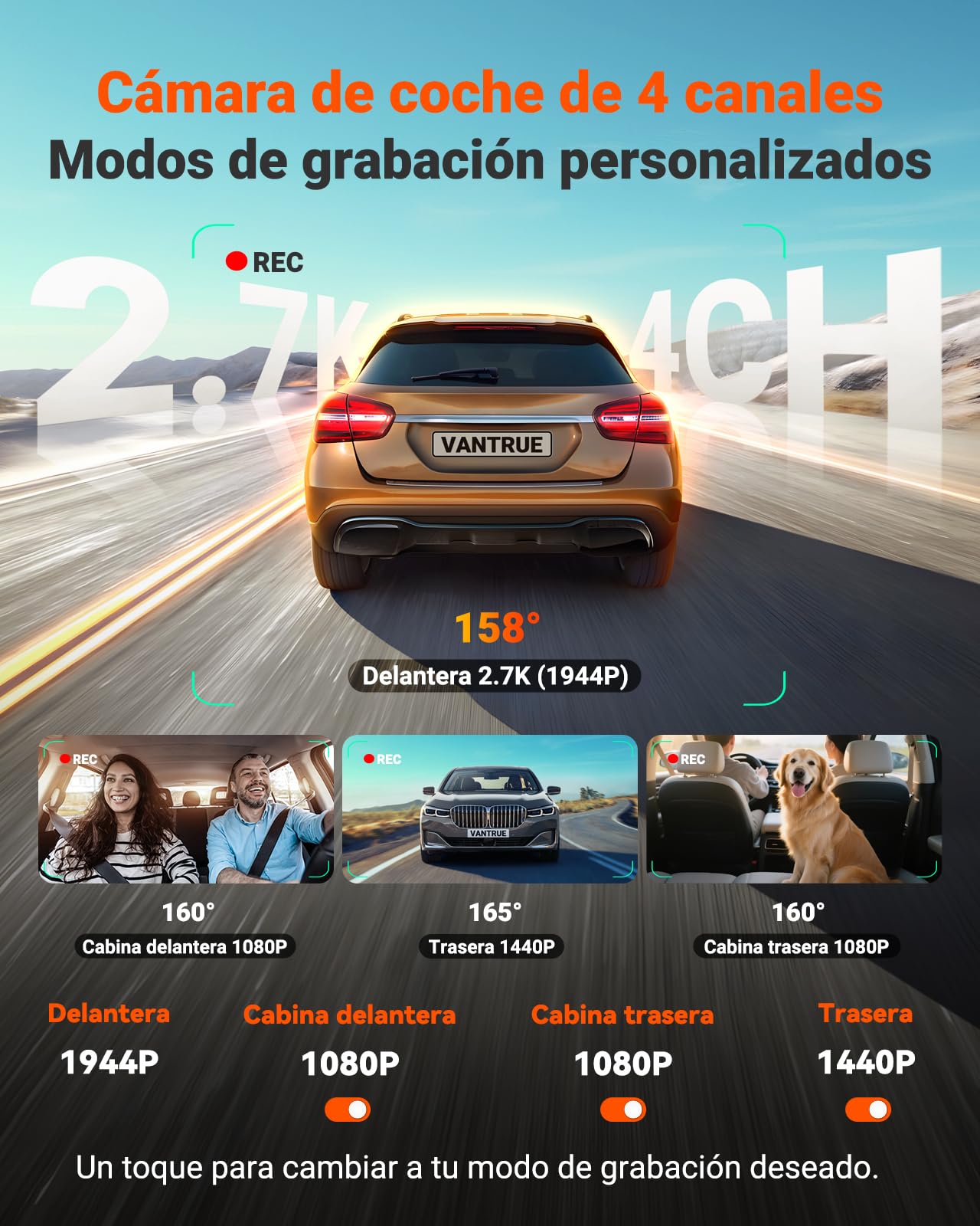VANTRUE N5S Dash CAM 4 Canales STARVIS 2, 2.7K+ Dual 1080P+1440P 360°, Visión Nocturna HDR, WiFi GPS Control Voz, Soporte 1TB para Coche SUV Furgoneta
