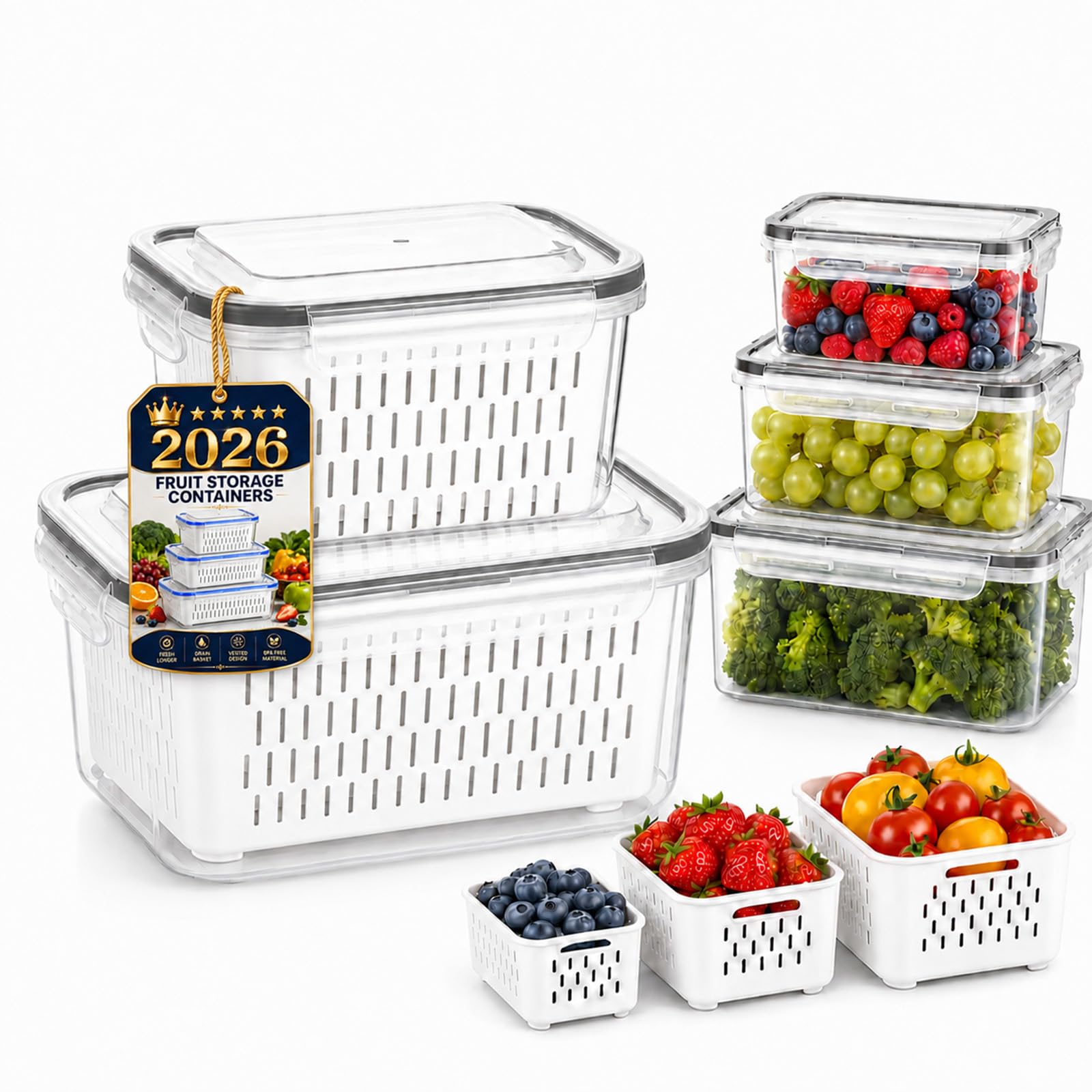 4-In-1 Fruit Strainer Container, Berry Storage Containers for Fridge with Removable Colander & Lid, Airtight Fresh Food Storage Containers with Drain Basket for Vegetable & Kitchen，Grey：S+L