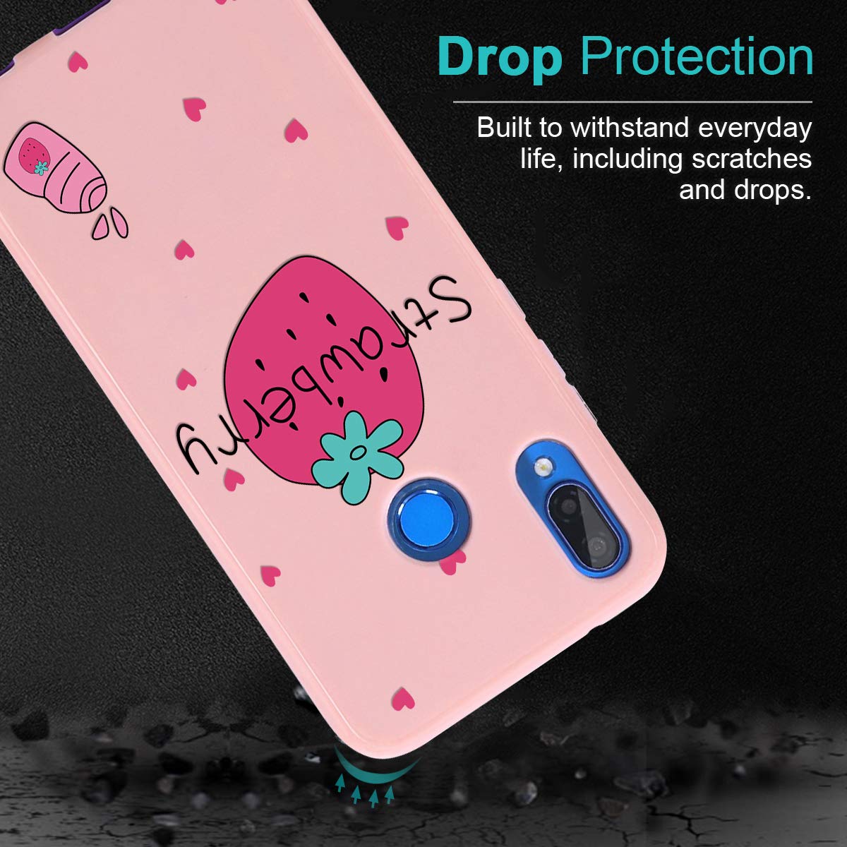 2 Pezzi Cover Con Cuori Per Huawei P20 Lite – Custodia Morbida In TPU Sottile Con Disegno Amore – Antiurto E Antigraffio, Colori Nero E Rosa