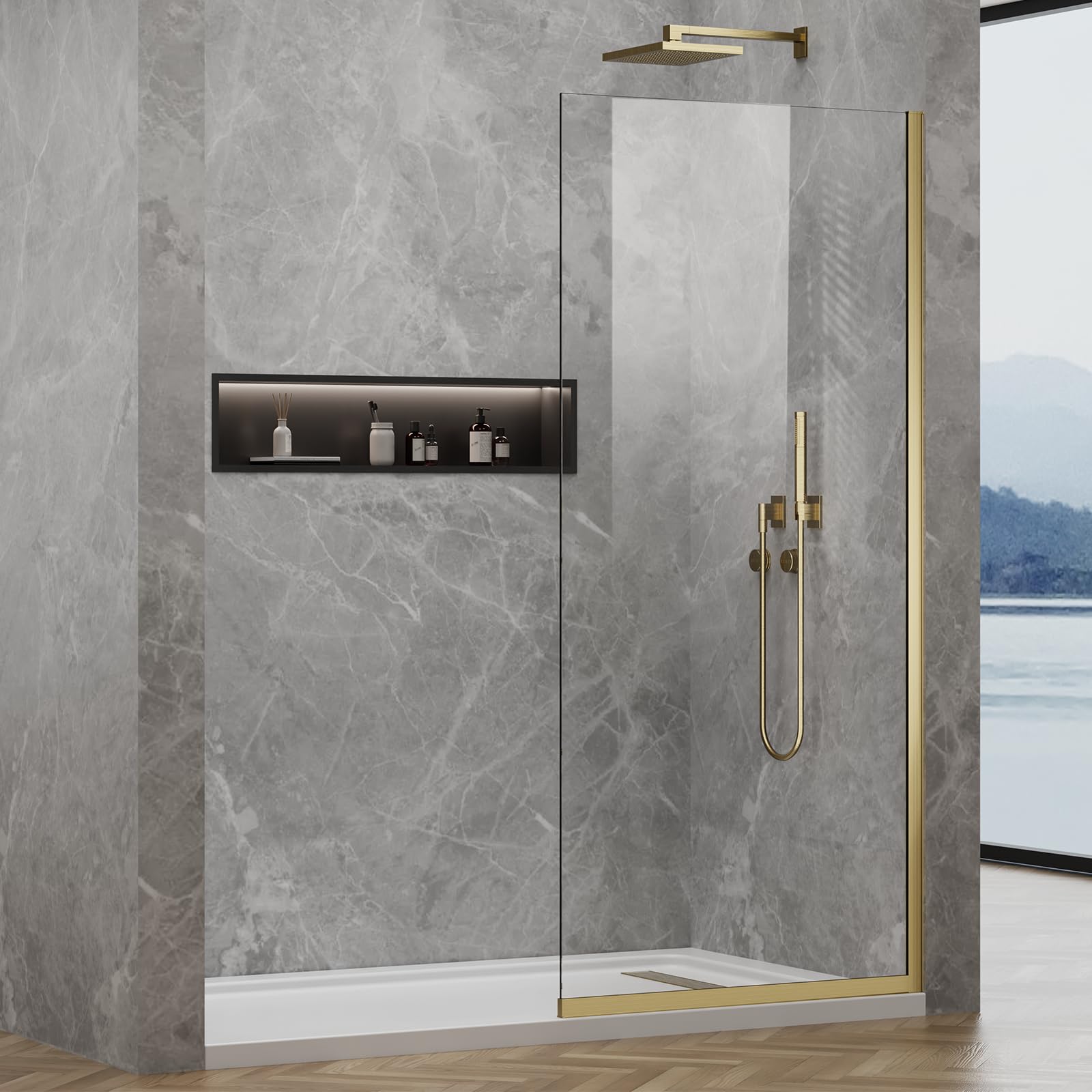 Shower Glass Wall Panel 34" W x 74" H, 3/8" (10mm) Tempered Glass, Half Frameless Fixed Shower Screen, Single Panel with Double-Sided Easy-Clean Coating - Brushed Gold