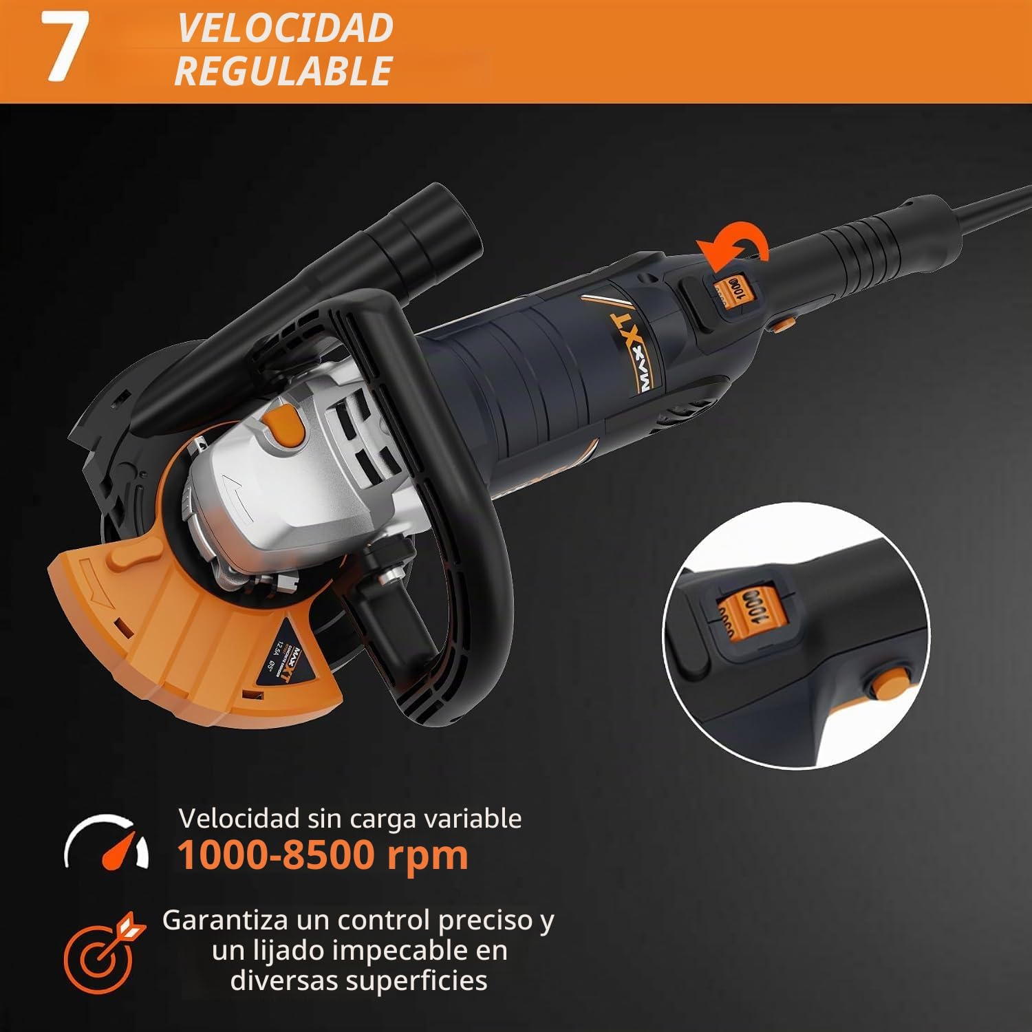 Amoladora de Hormigón Professional, MAXXT 1500W Lijadora de Hormigón Ajuste 7 Velocidades 1000-8500 RPM (con 1 discos abrasivos Ø 125mm)
