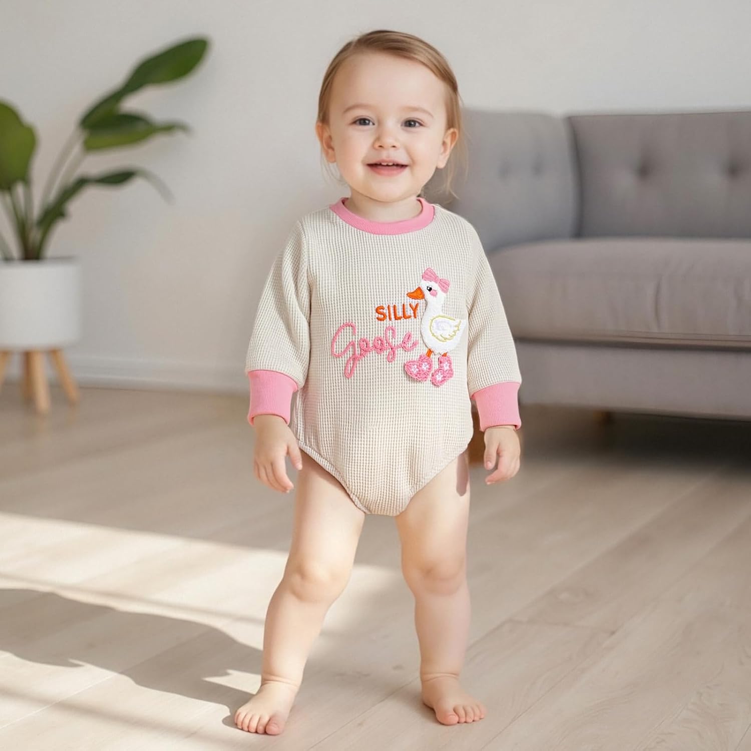 BULINGNA Infant Long Sleeve Bubble Romper Baby Girl Fall Winter Outfits Newborn Waffle Knit Goose Embroidery Bodysuit Clothes - Image 2