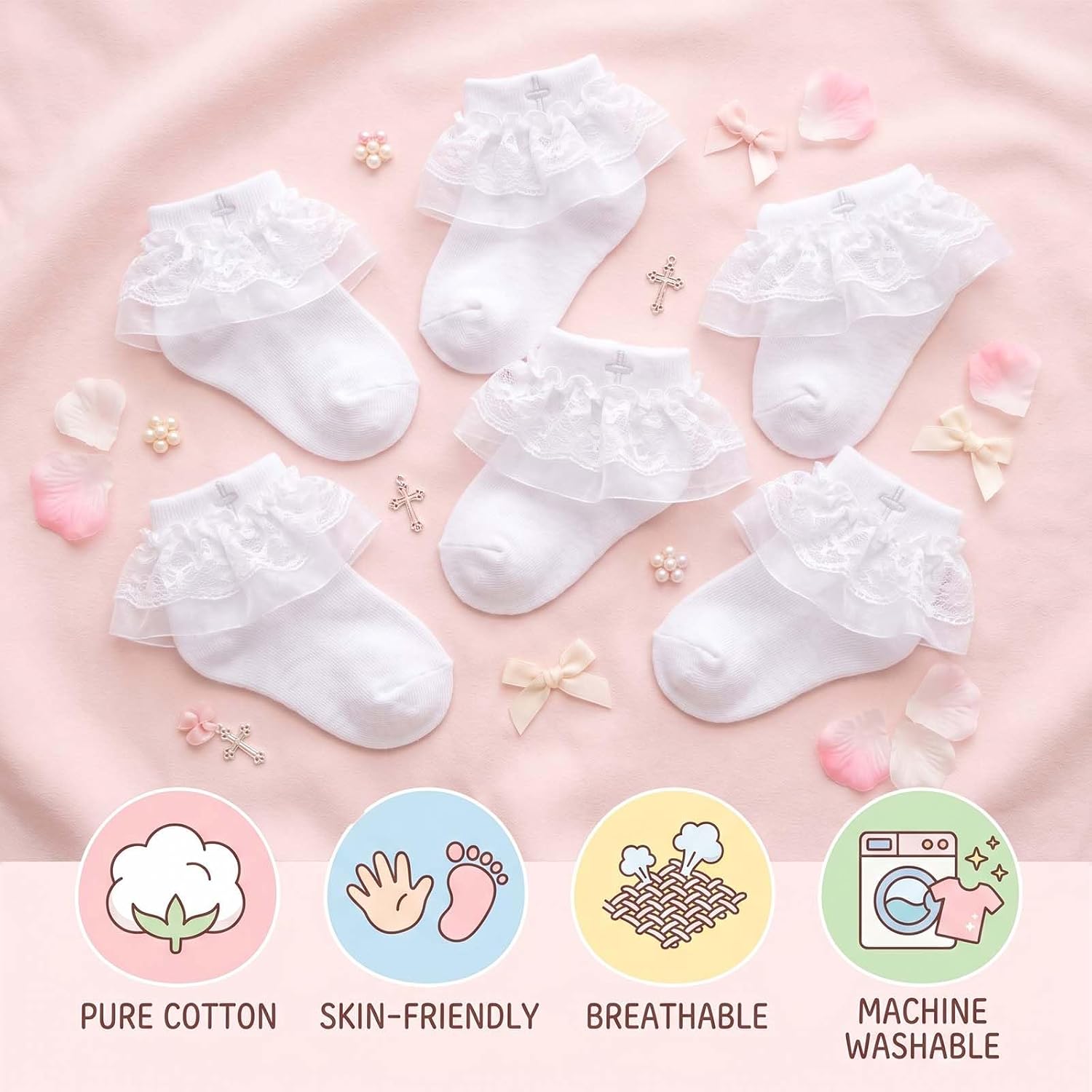 Baptism Socks for Baby Girls: White Ruffle Christening Frilly with Silver Gold Cross for Newborn Infants 0-12 Months