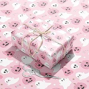 Ulmasinn Pink Halloween Wrapping Paper - Kawaii Spooky - Sweet Gift Wrap with Ghosts, Bats & Watercolor Pumpkins - 20x29-8 Sheets for Gift Bags & Party Favors