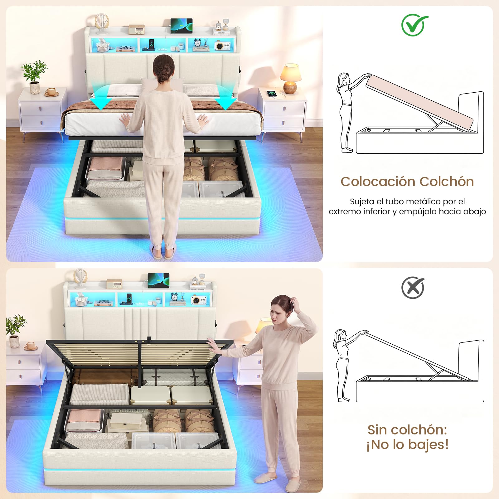 AOGLLATI Cama Matrimonial 140x190 cm con Almacenamiento Hidráulico, Lino | Marco de Cama con 270° Luces LED, Somier Estructura de Cama con Estación de Carga Cama Canape con Cabecero Beige