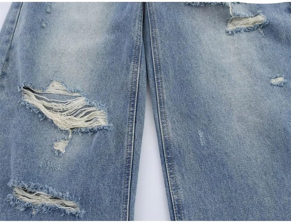 Women's High Waist Wide Leg Loose Ripped Straight Pants