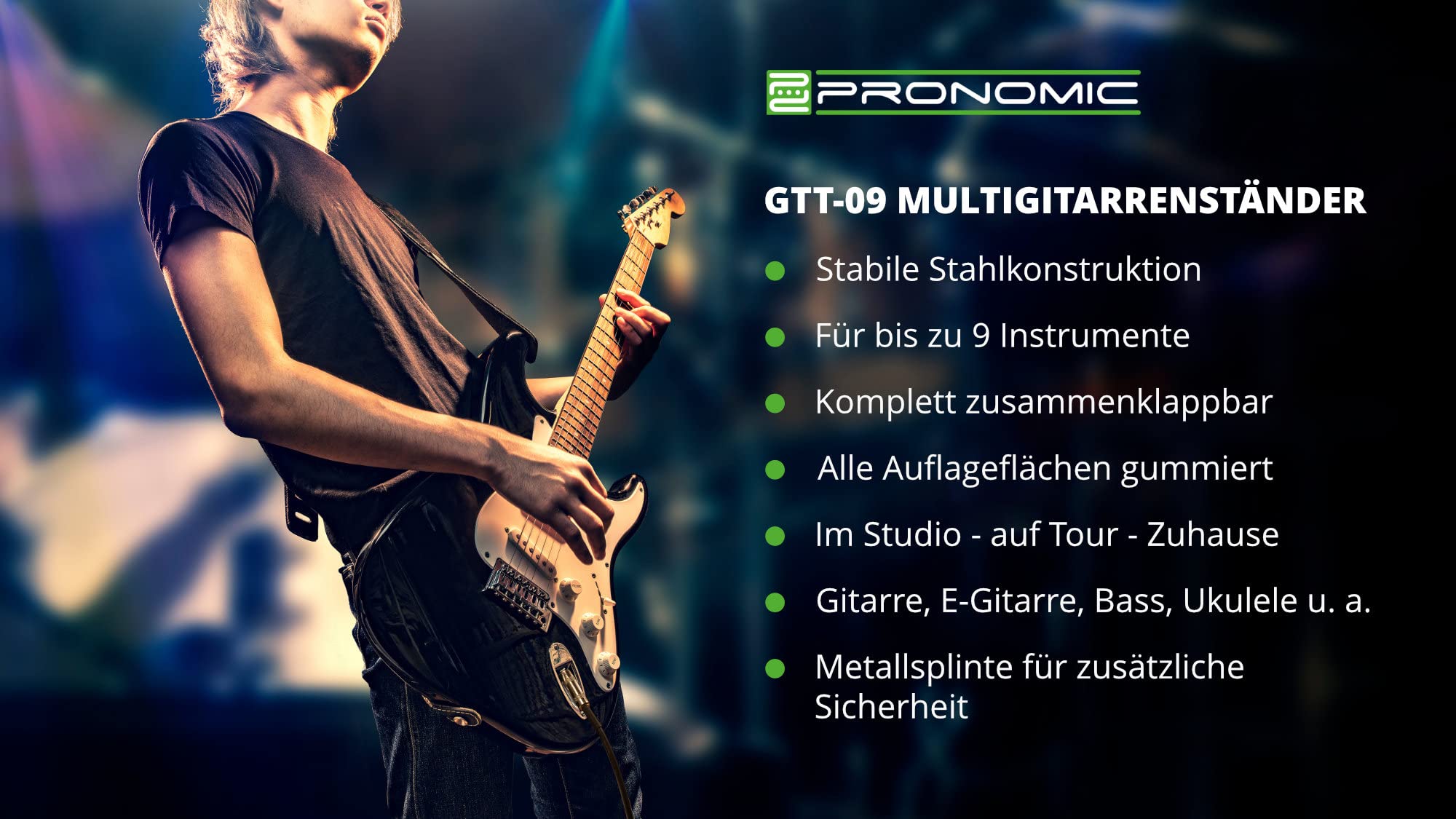 Pronomic GTT-009 Multi Gitarrenständer für bis zu 9 Instrumente - Gitarren, Bässe, Ukulelen und andere Saiteninstrumente - Klappbar mit Transportsicherung - Für Proberaum, Bühne oder Wohnzimmer